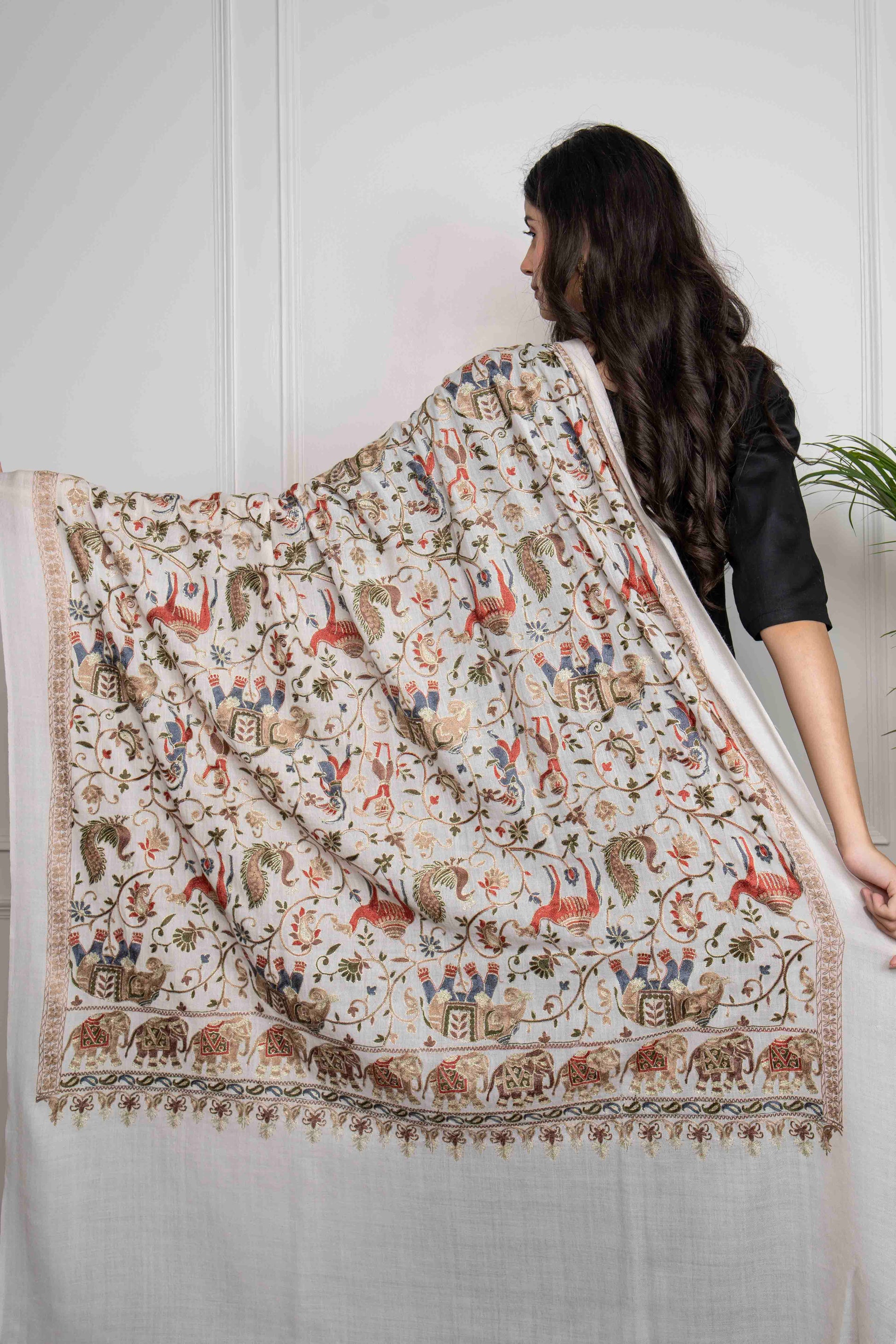White Elephant and Peacock Motifs Jaal Nalki embroidery Fine Wool Blend Shawl.