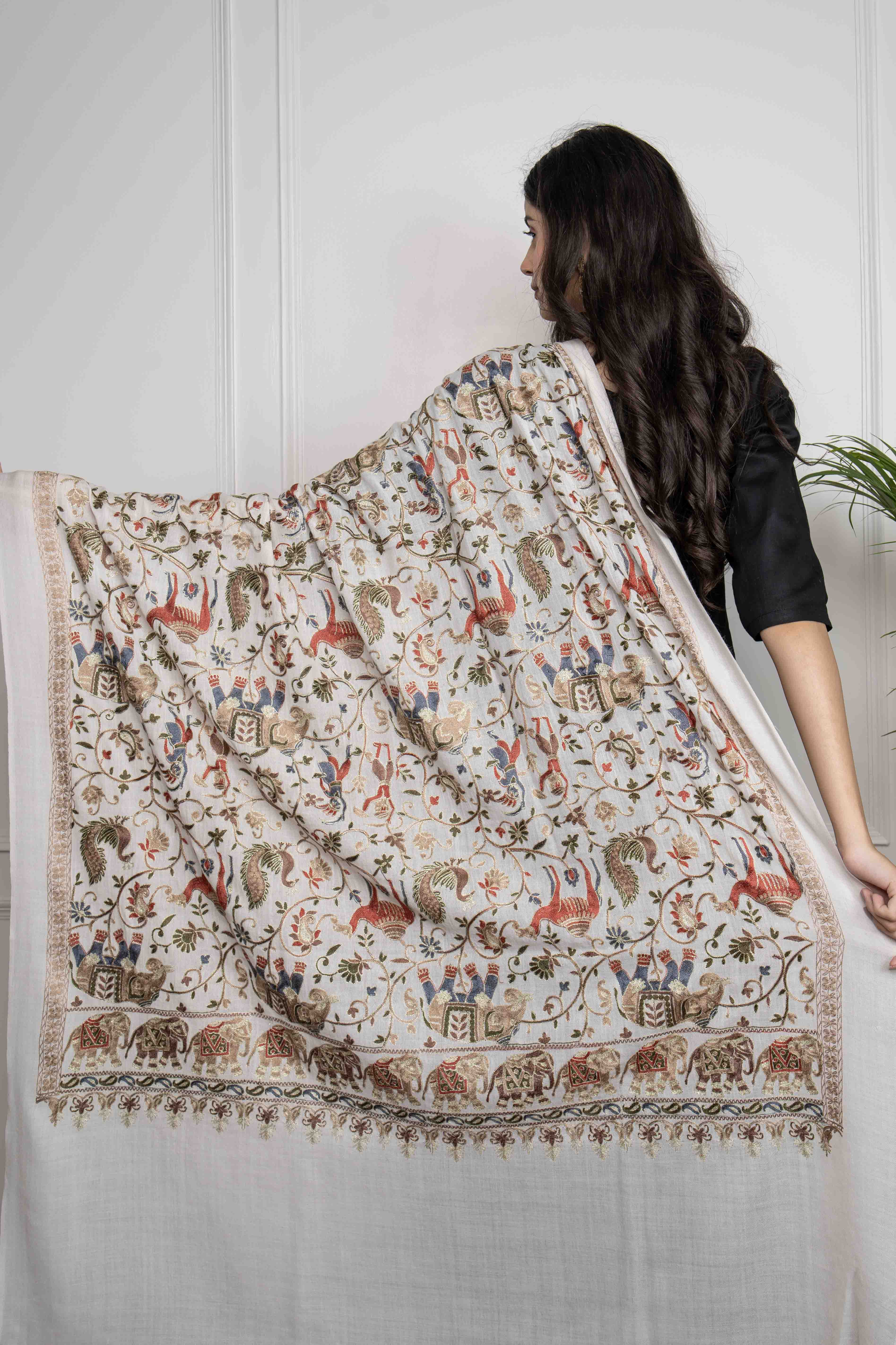 White Elephant and Peacock Motifs Jaal Nalki embroidery Fine Wool Blend Shawl.
