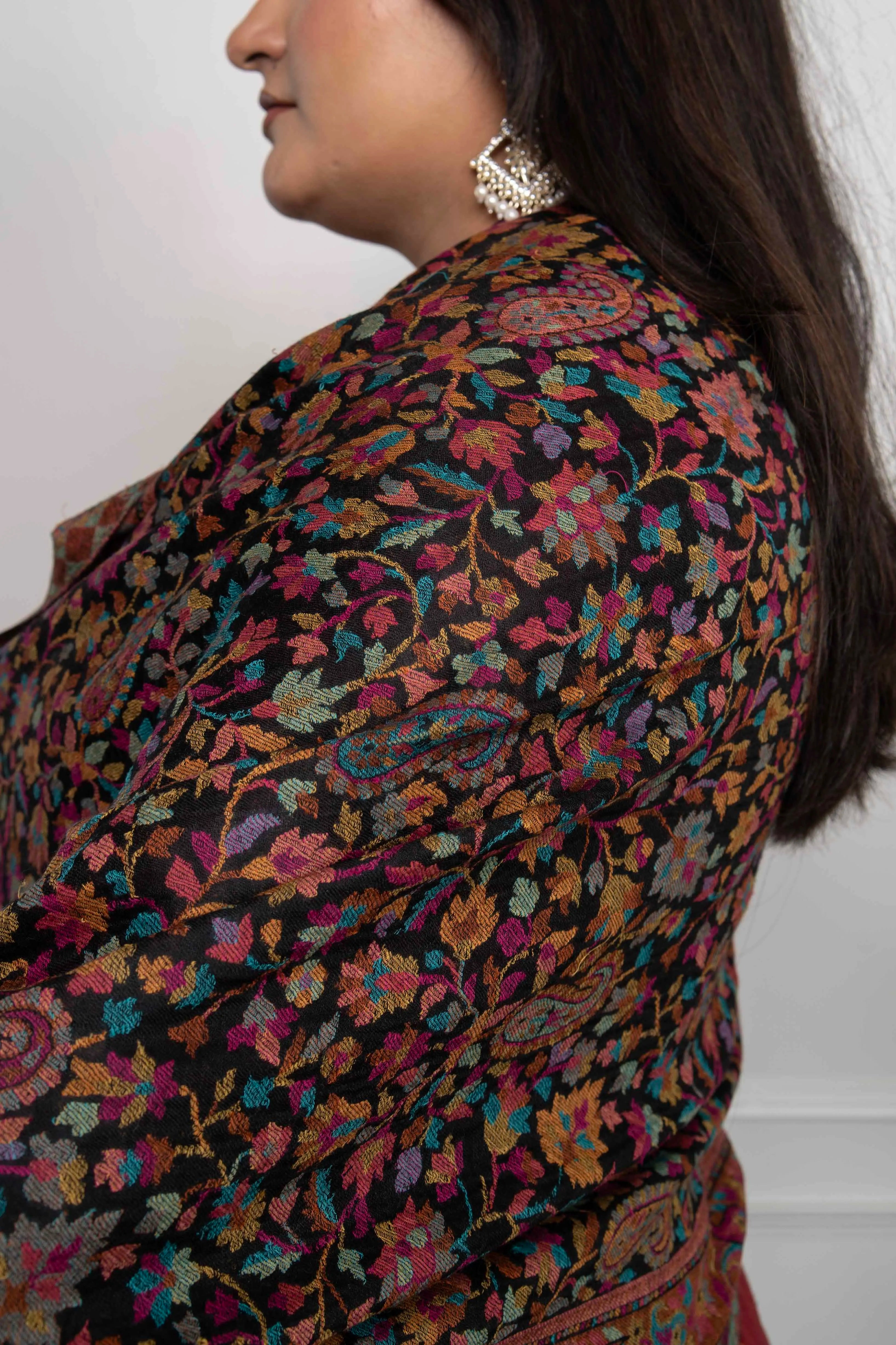 Black Kani Floral Wool Silk Blend Stole
