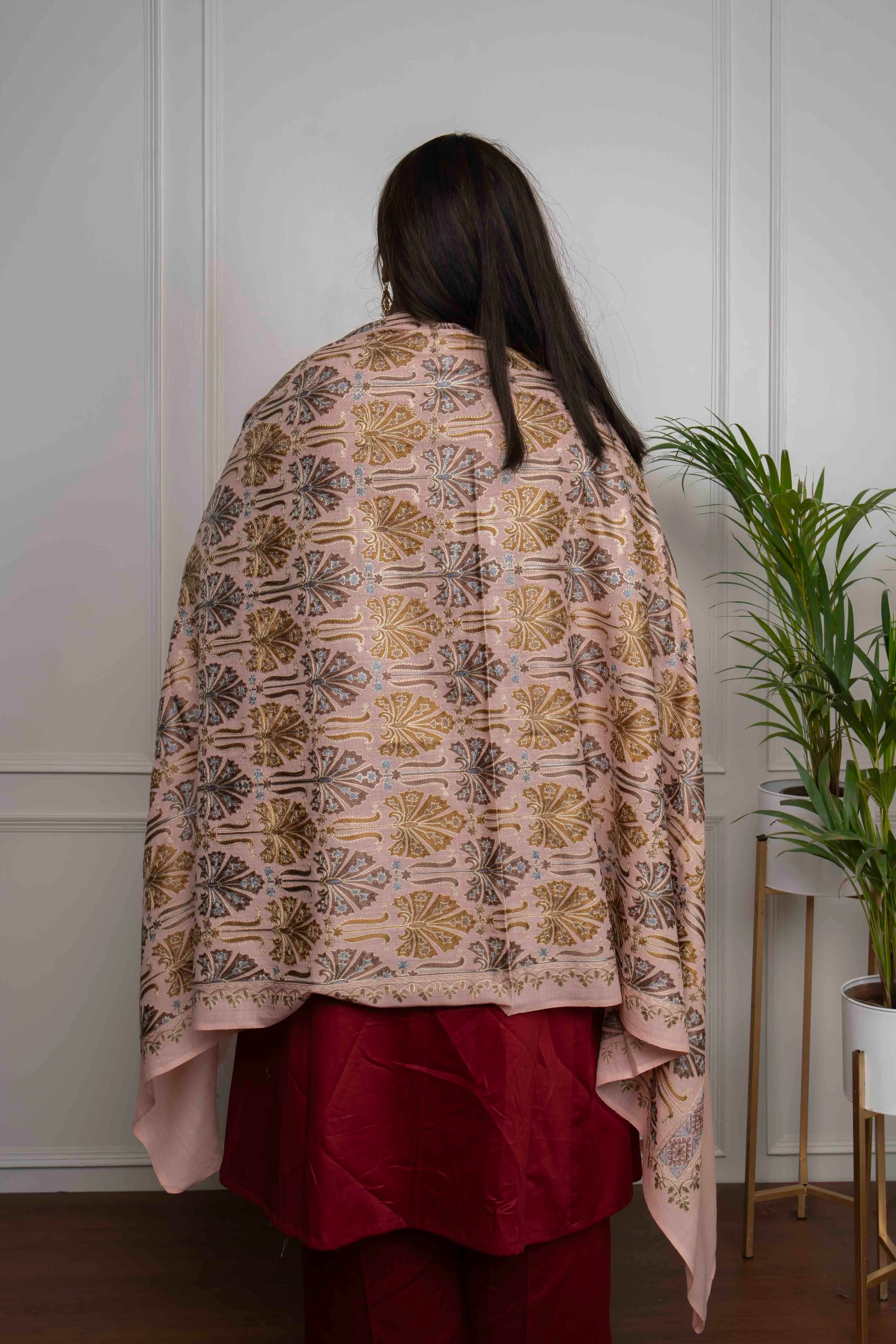 Peach Chinaar Patta Jaal Nalki embroidery Fine Wool Blend Shawl
