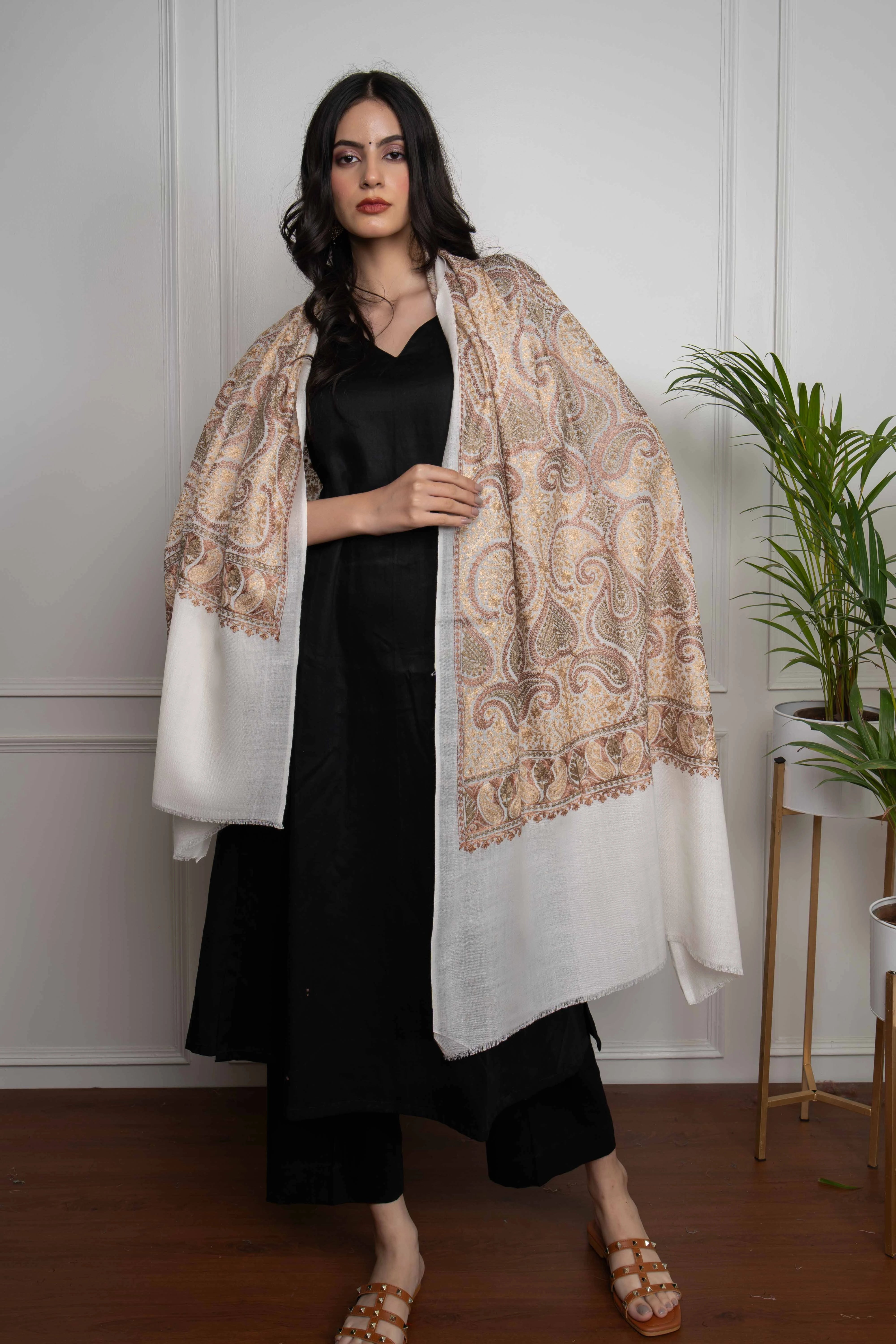 White Ambi Jaal Nalki embroidery  Fine Wool Blend Stole