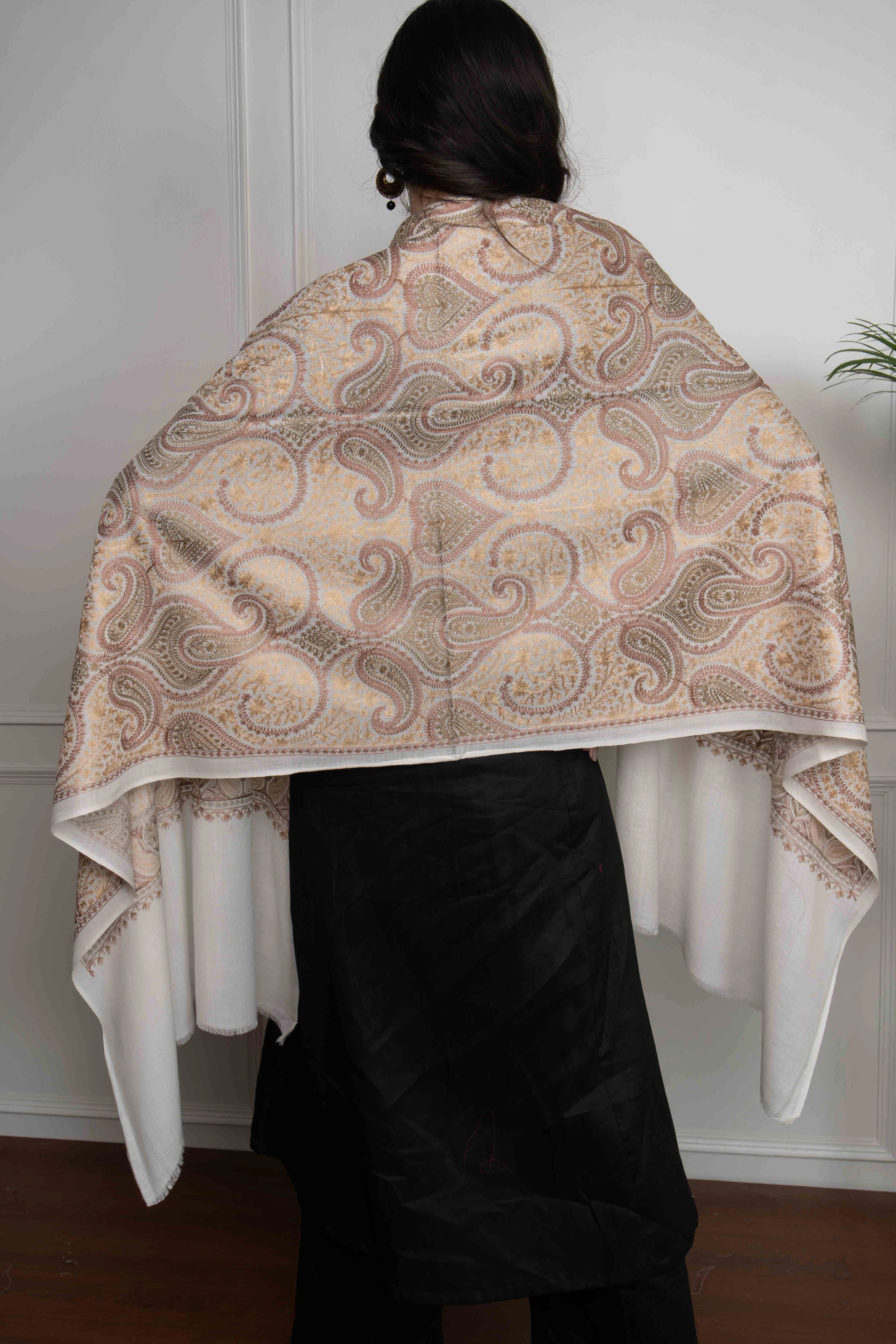 White Ambi Jaal Nalki embroidery  Fine Wool Blend Stole