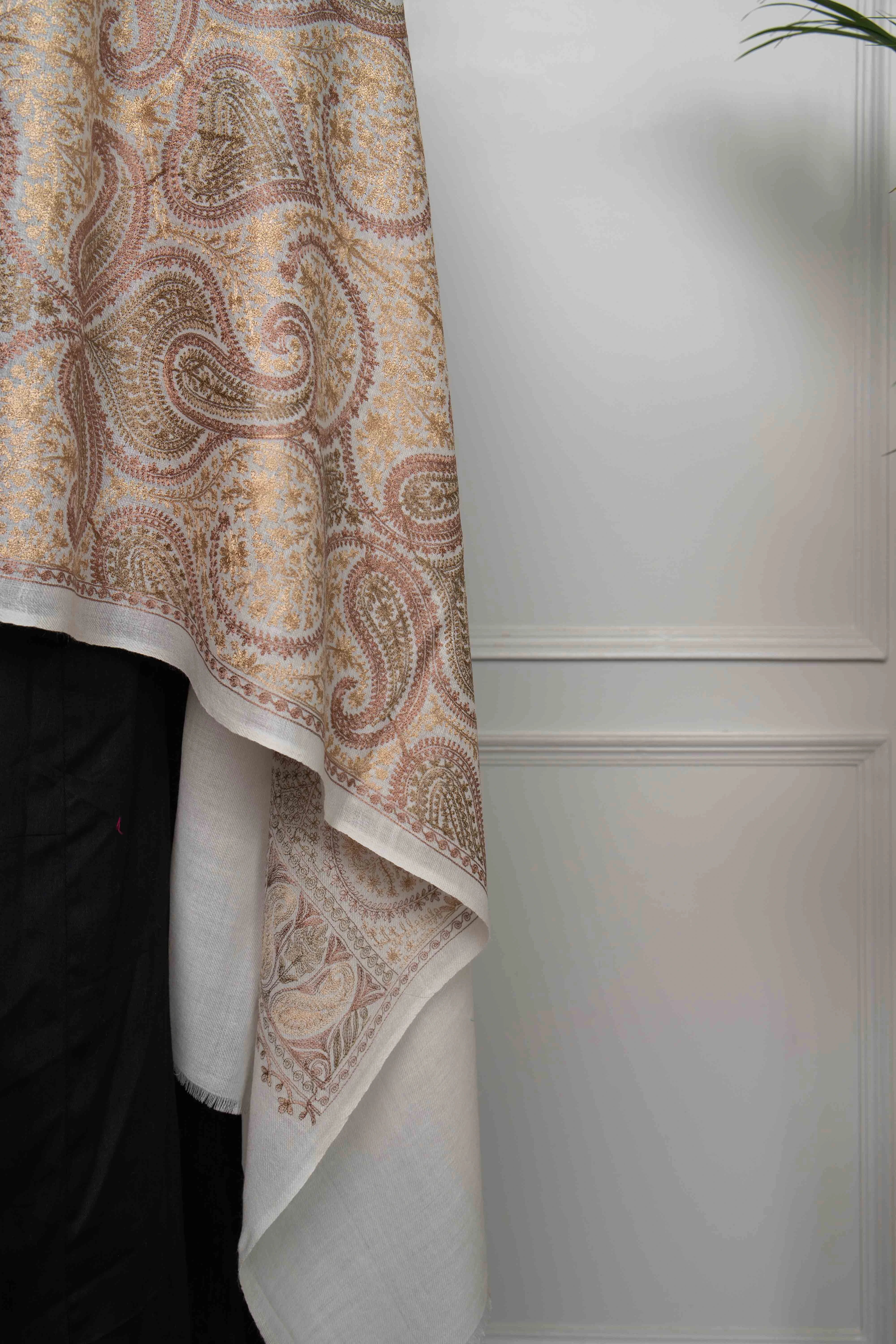 White Ambi Jaal Nalki embroidery  Fine Wool Blend Stole