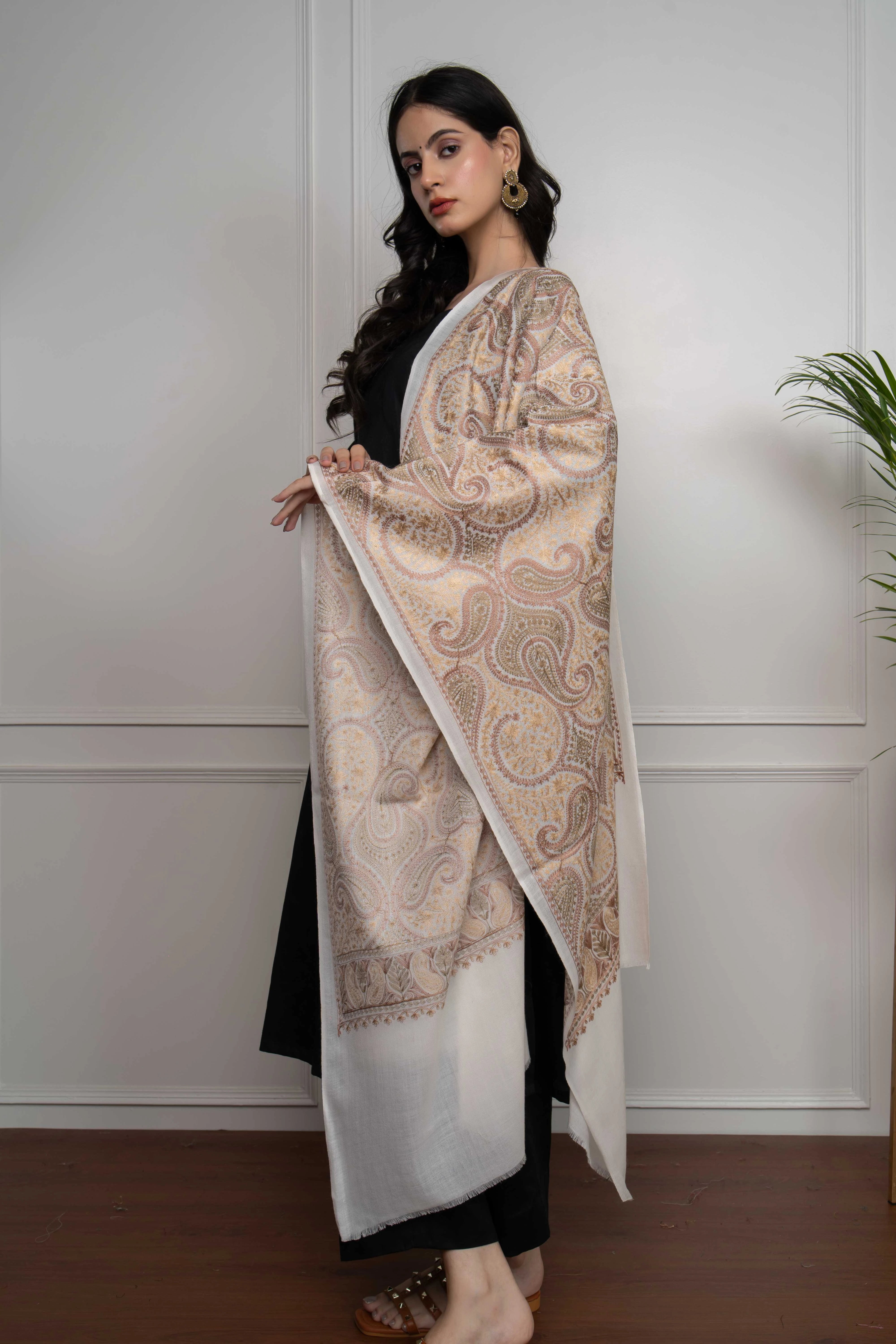 White Ambi Jaal Nalki embroidery  Fine Wool Blend Stole