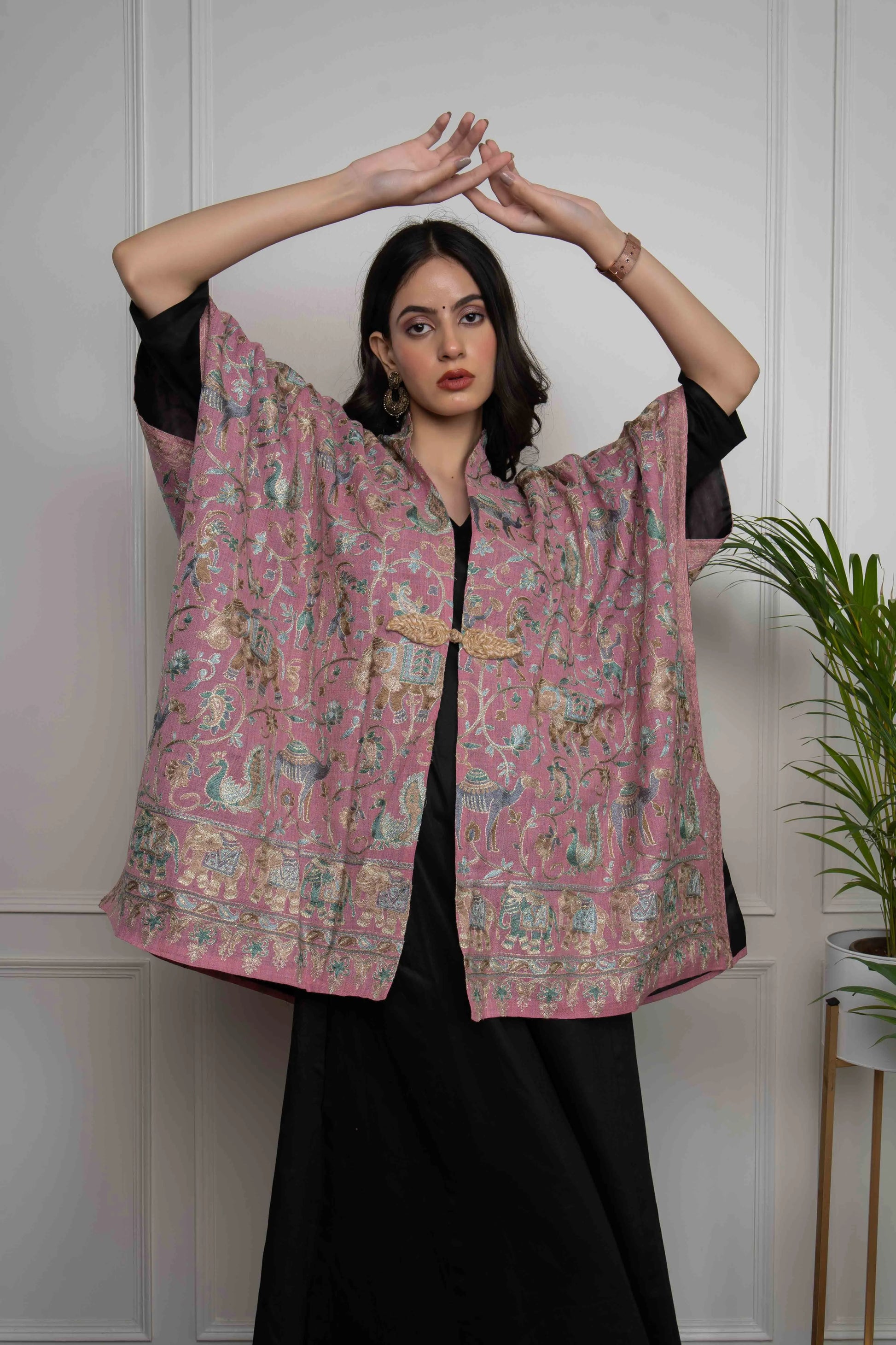 Pink Elephant and Peacock Motifs Jaal Nalki embroidery Fine Wool Blend Cape