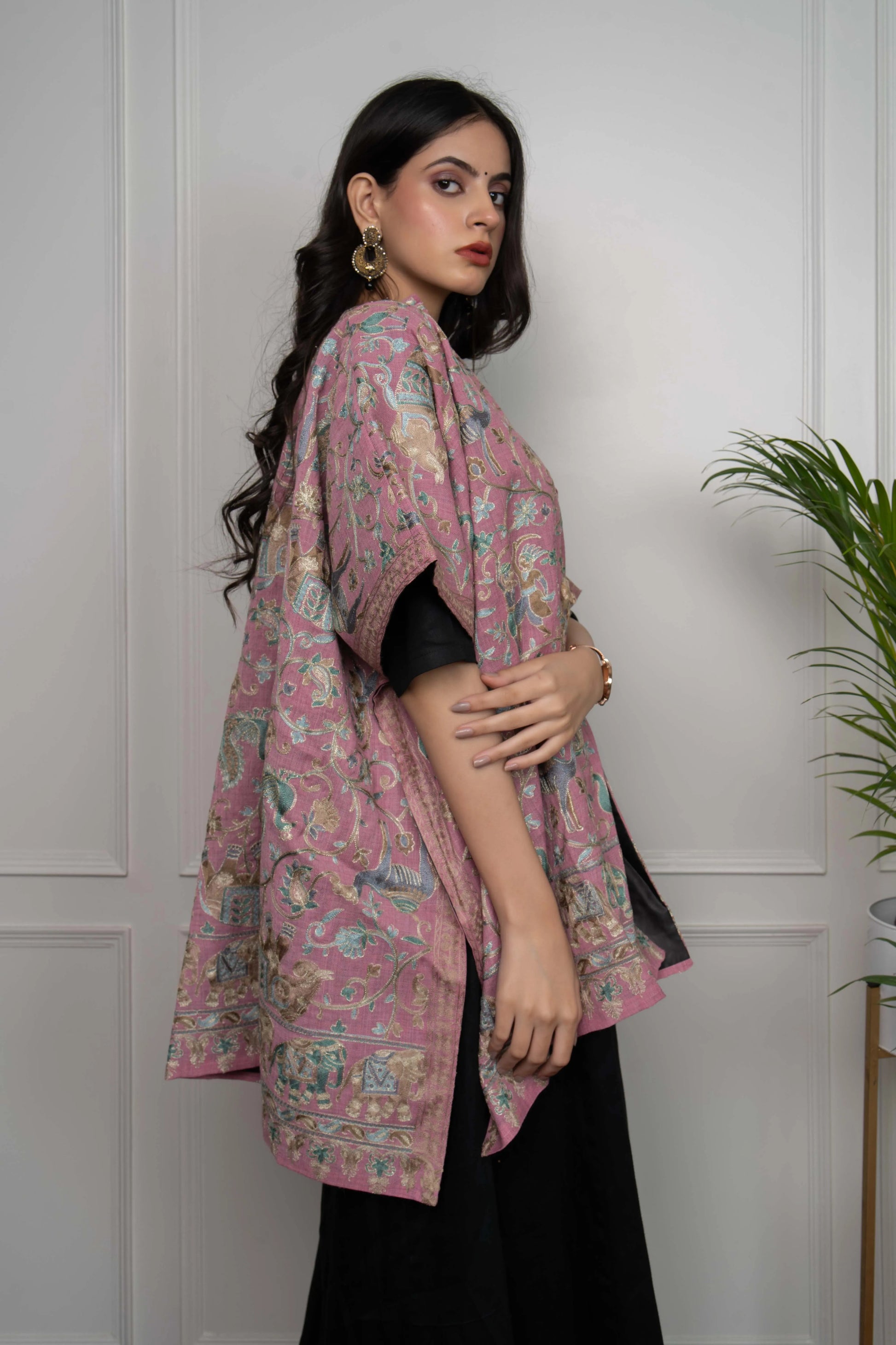 Pink Elephant and Peacock Motifs Jaal Nalki embroidery Fine Wool Blend Cape