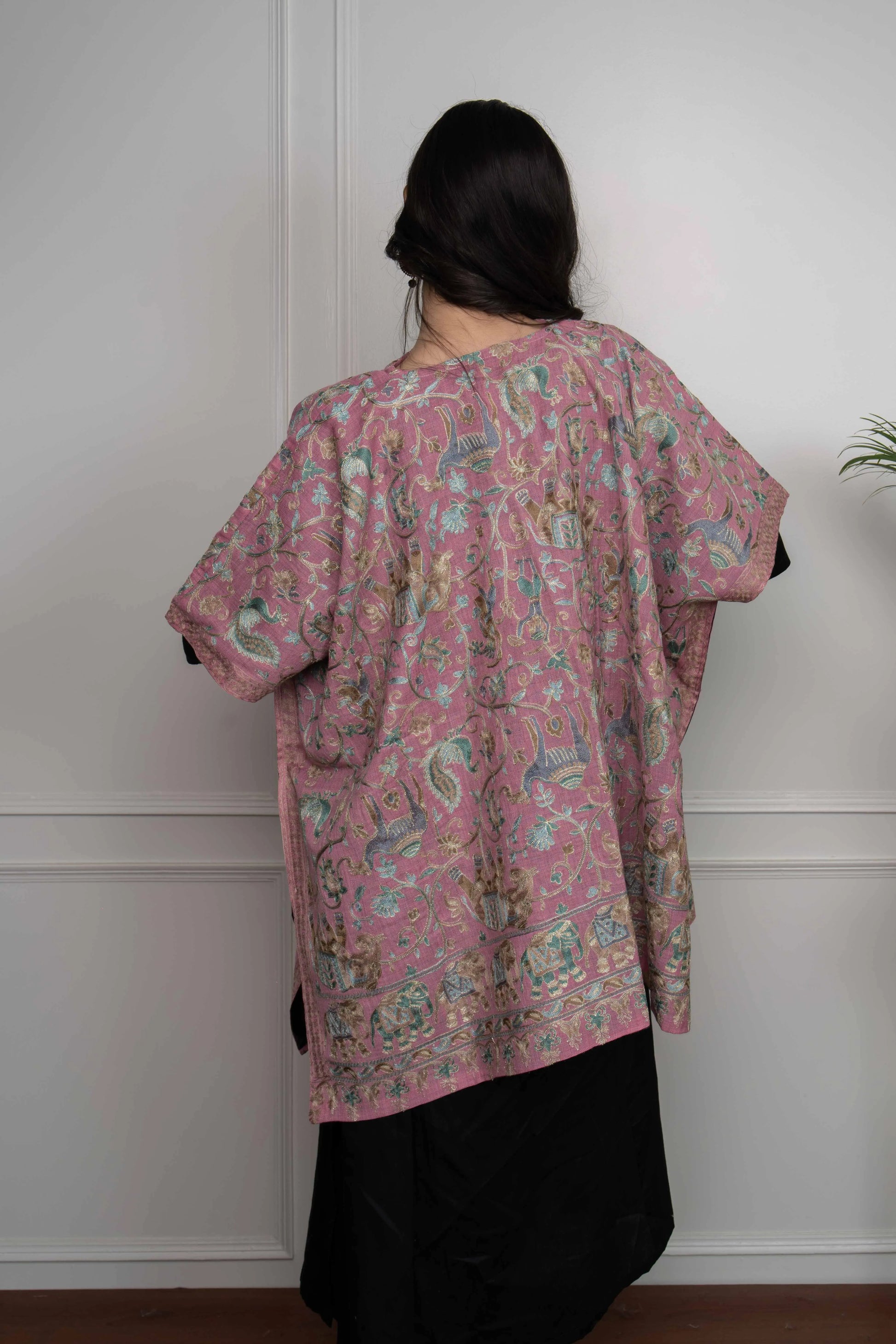 Pink Elephant and Peacock Motifs Jaal Nalki embroidery Fine Wool Blend Cape