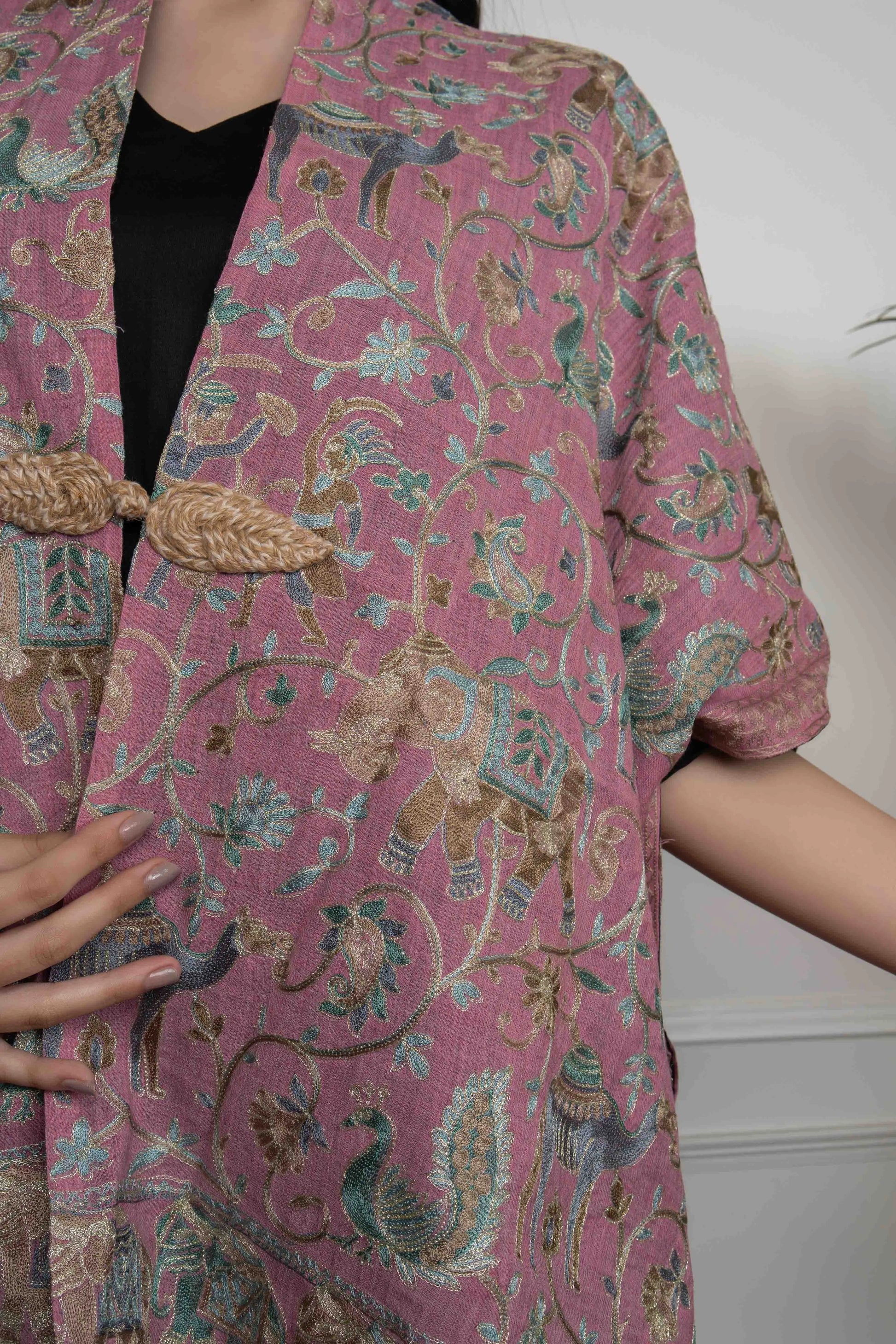 Pink Elephant and Peacock Motifs Jaal Nalki embroidery Fine Wool Blend Cape