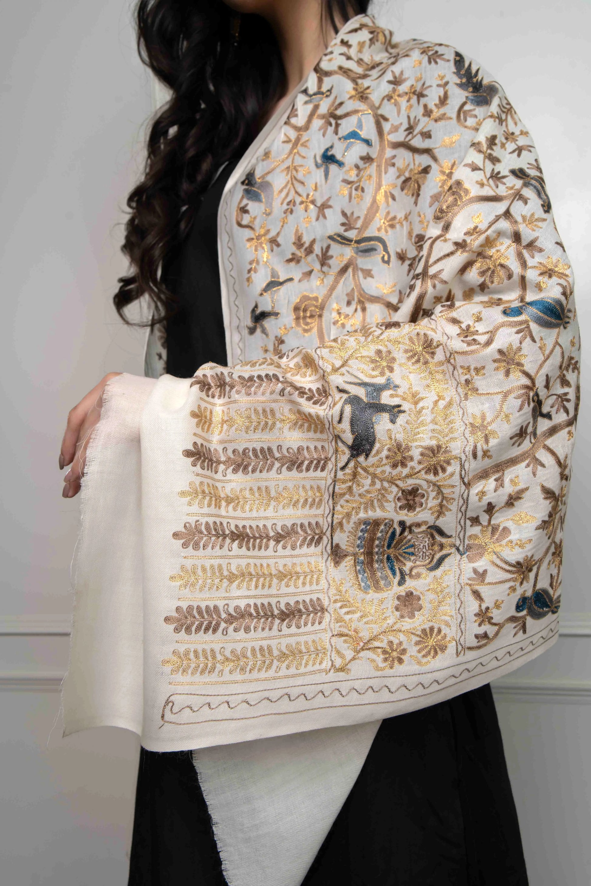 White Birds Motif Jaal Nalki embroidery Fine Wool Blend Stole