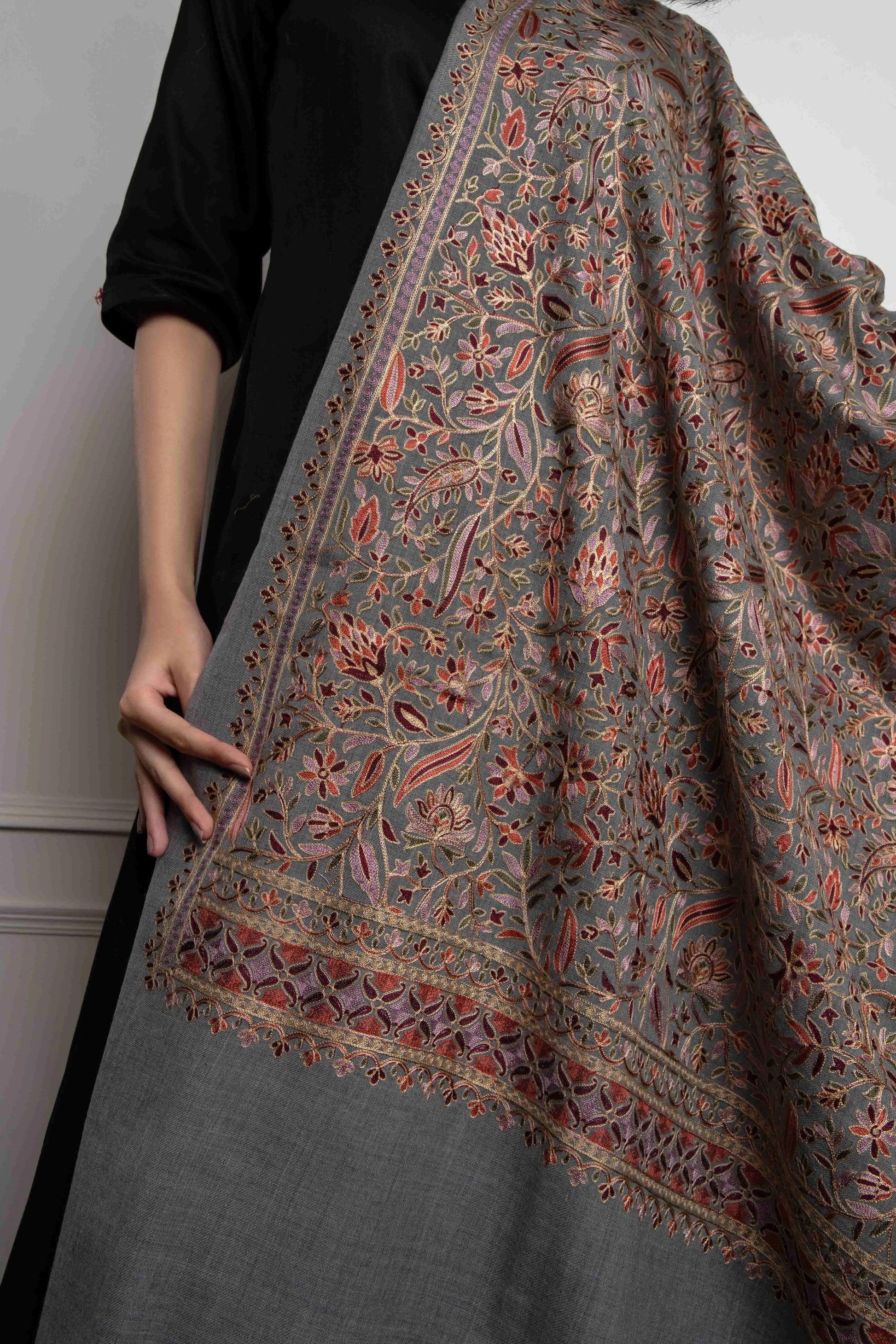 Grey Floral Leaf Jaal Nalki embroidery Fine Wool Blend Shawl
