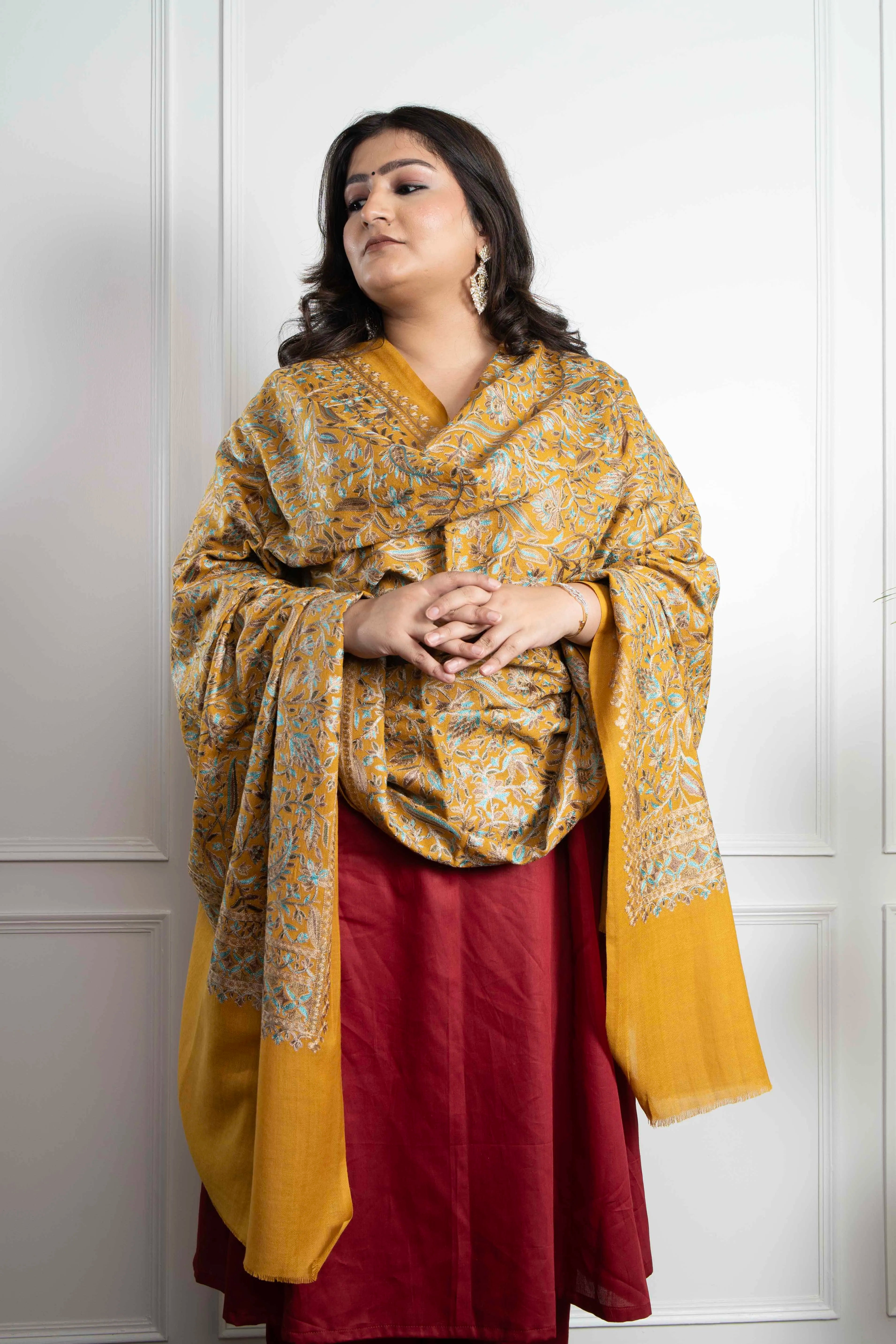 Sadah Women's Mustard Floral Leaf Jaal Nalki embroidery Fine Wool Blend Shawl