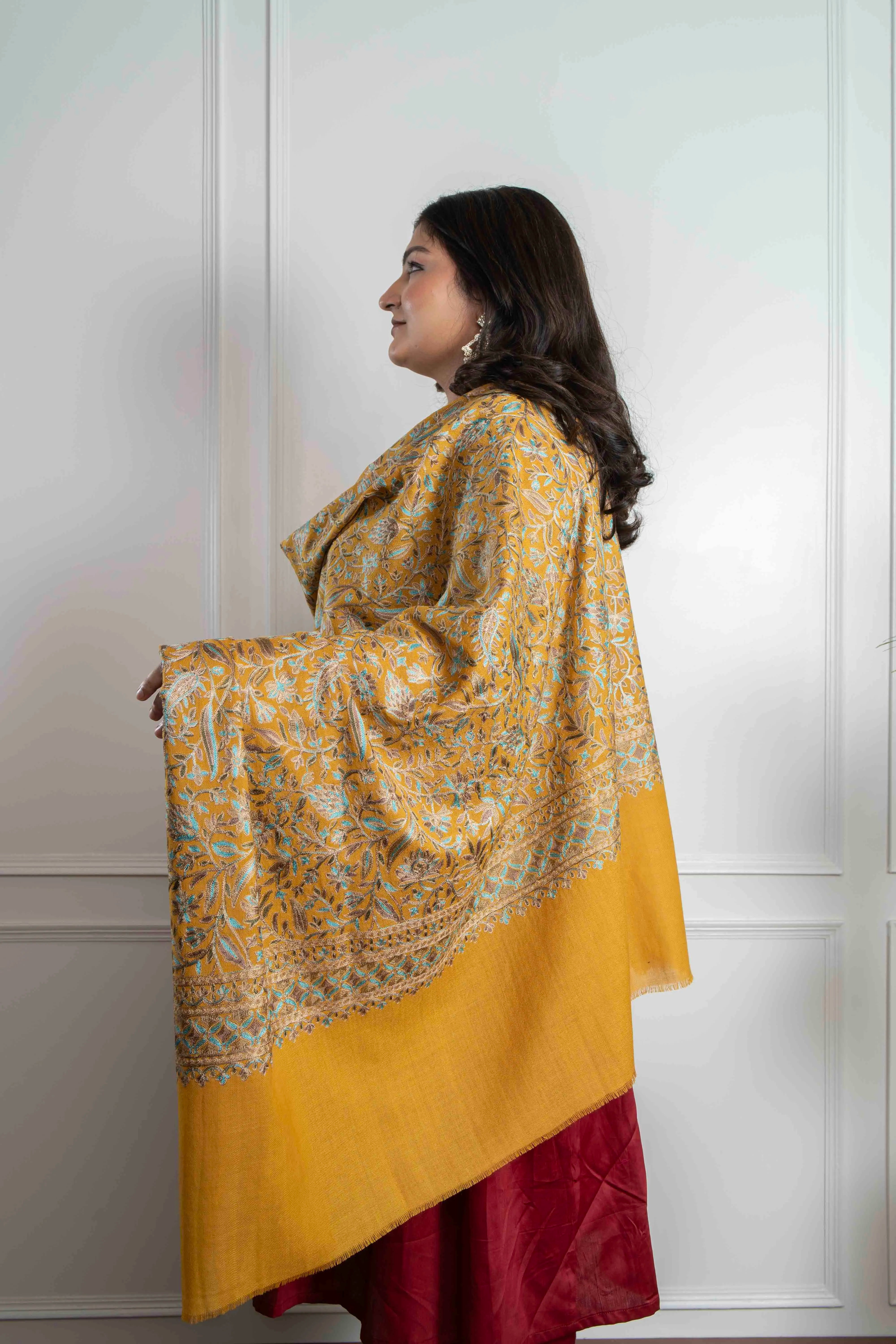 Mustard Floral Leaf Jaal Nalki embroidery Fine Wool Blend Shawl