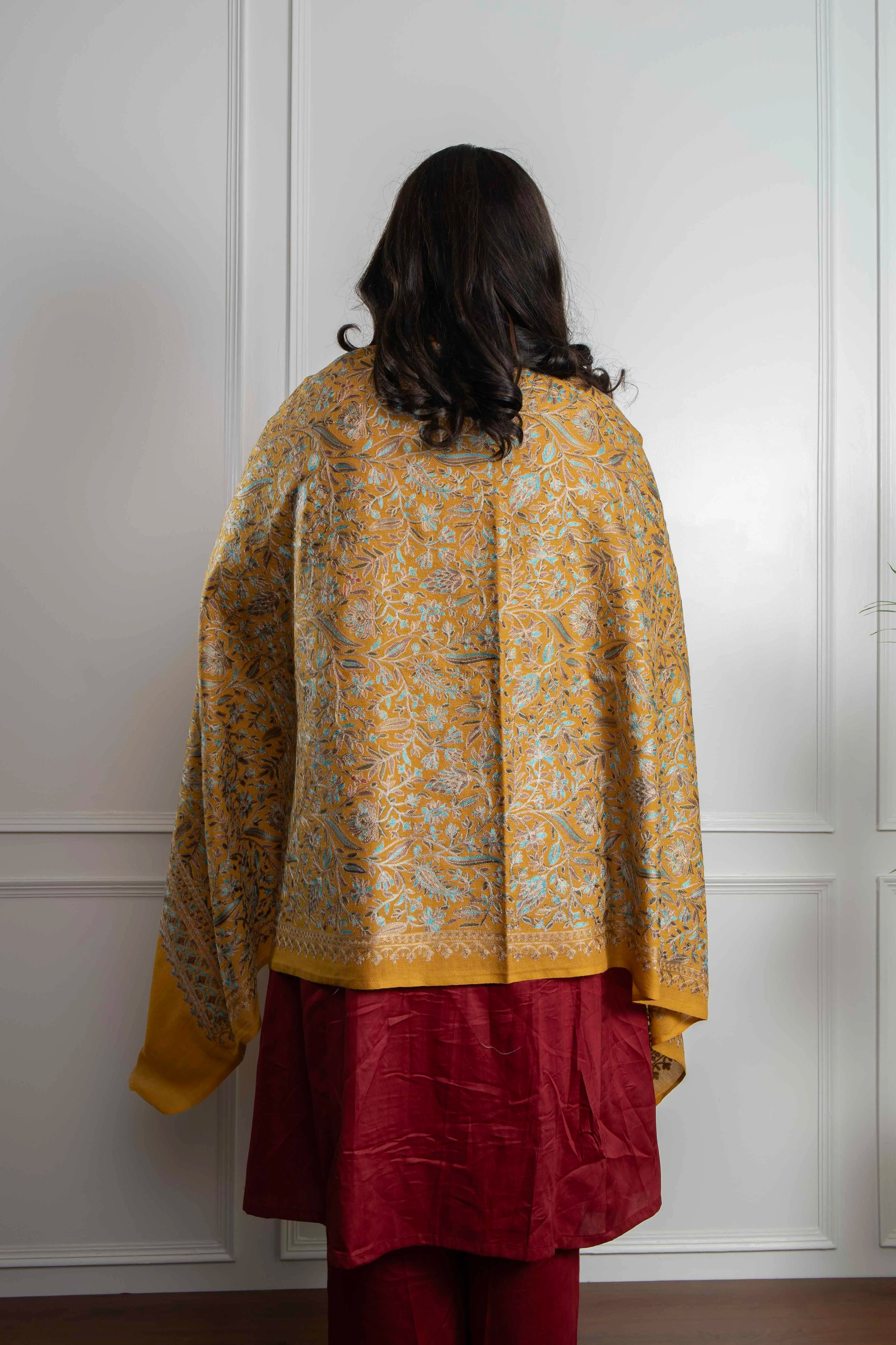 Mustard Floral Leaf Jaal Nalki embroidery Fine Wool Blend Shawl
