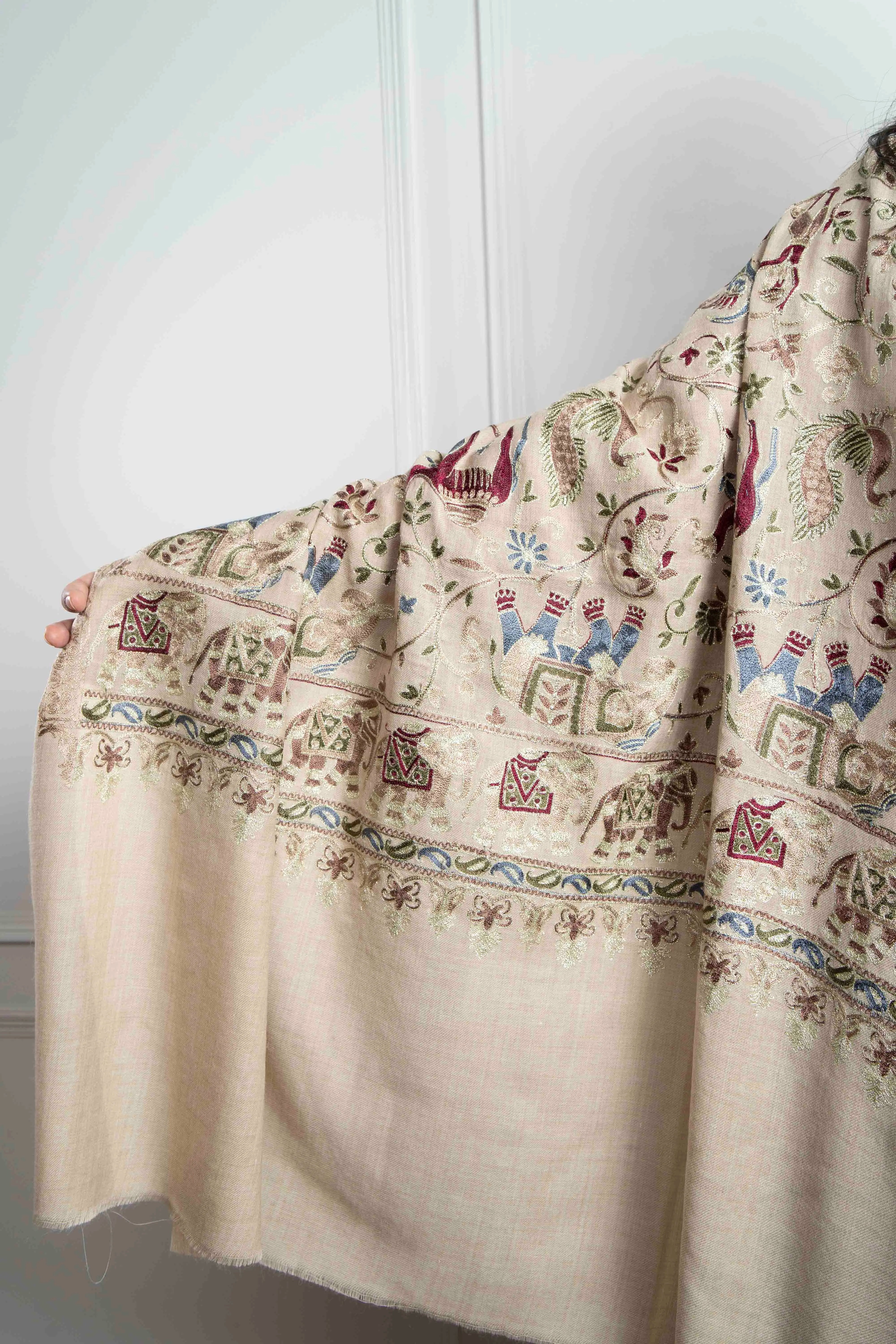 Tooshi Elephant and Peacock Motifs Jaal Nalki embroidery Fine Wool Blend Shawl