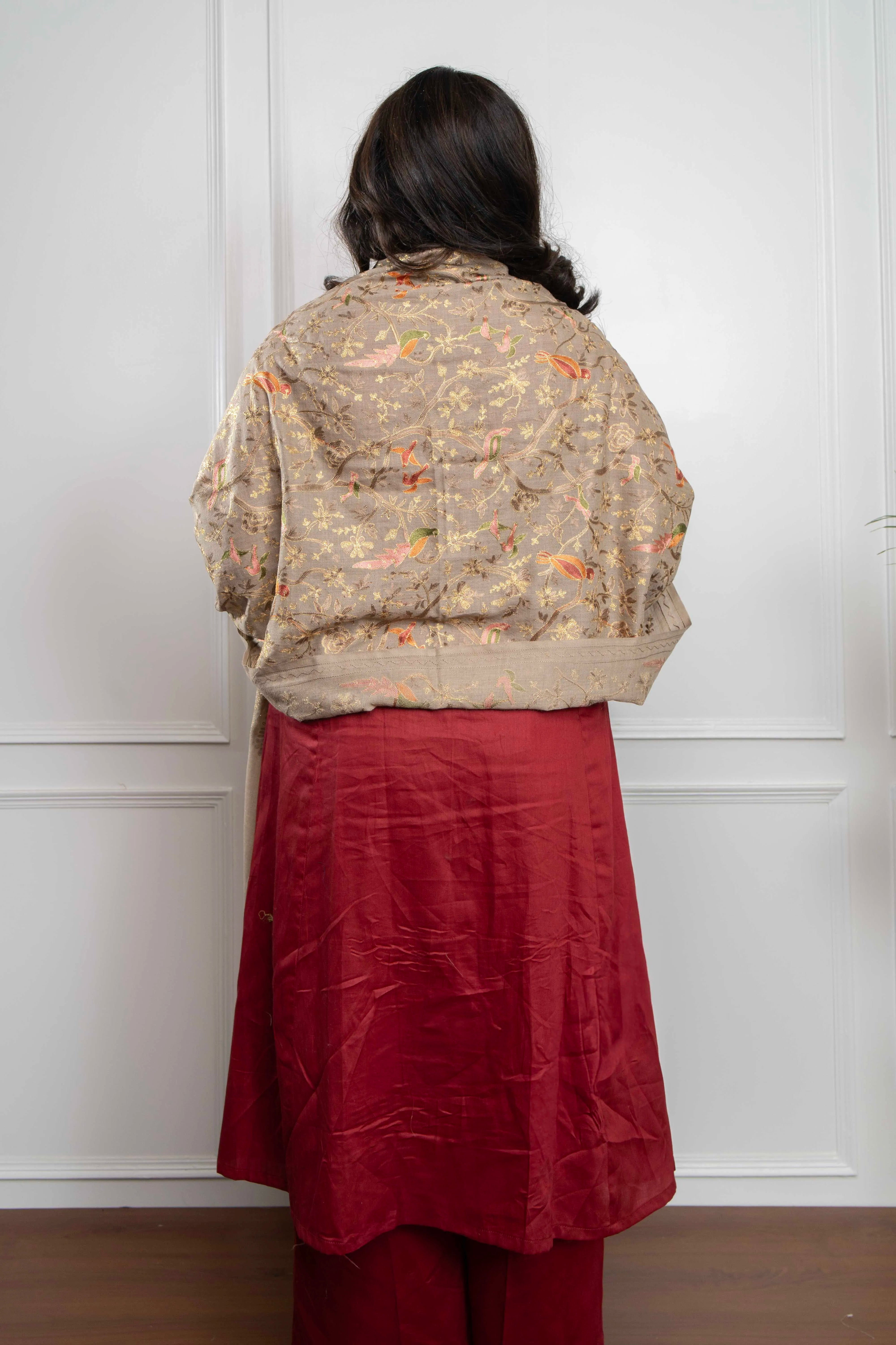 Tooshi Birds motif Jaal Nalki embroidery Fine Wool Blend Stole