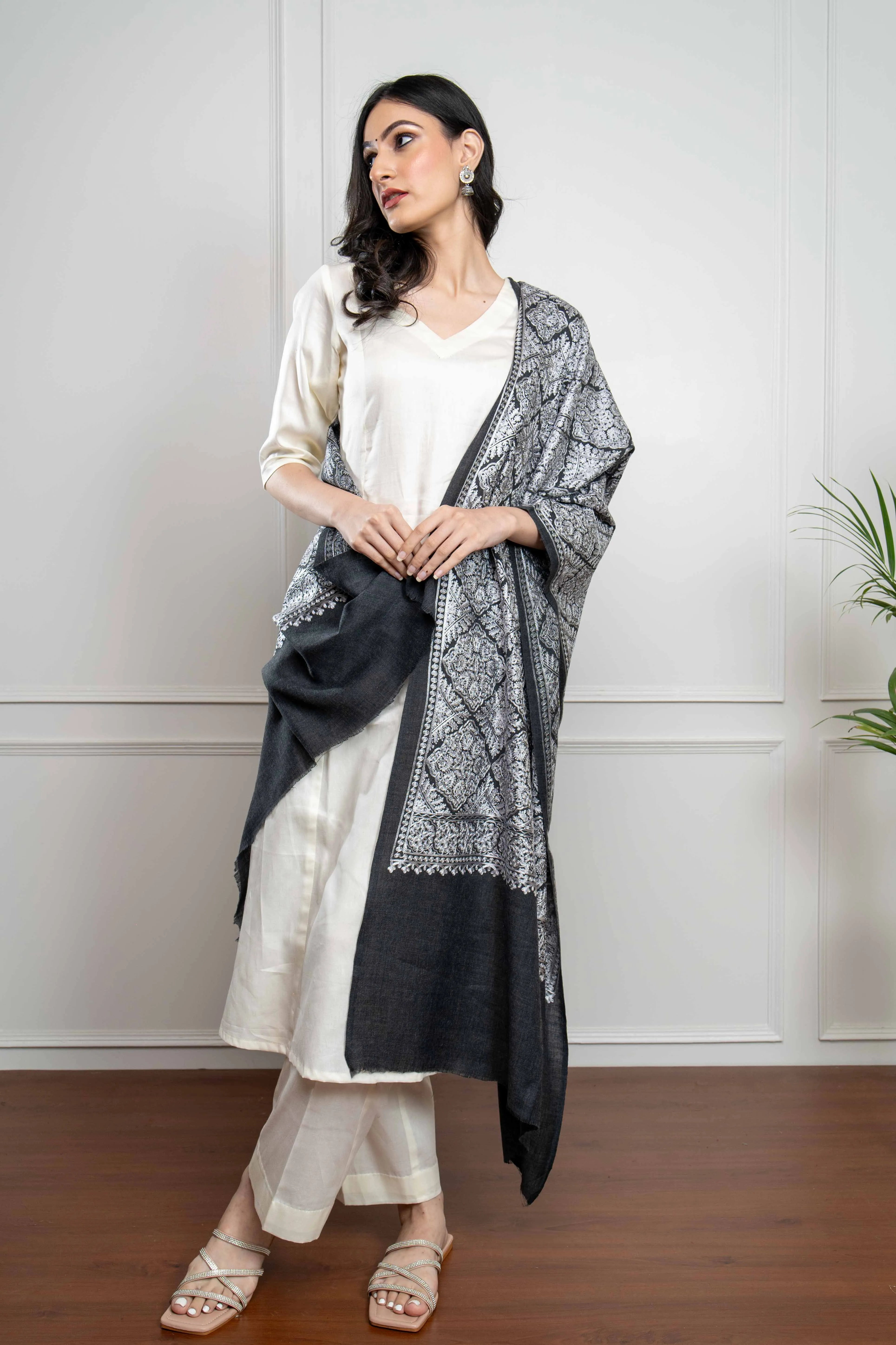 Grey Self Barfi Nalki embroidery Fine Wool Blend Stole