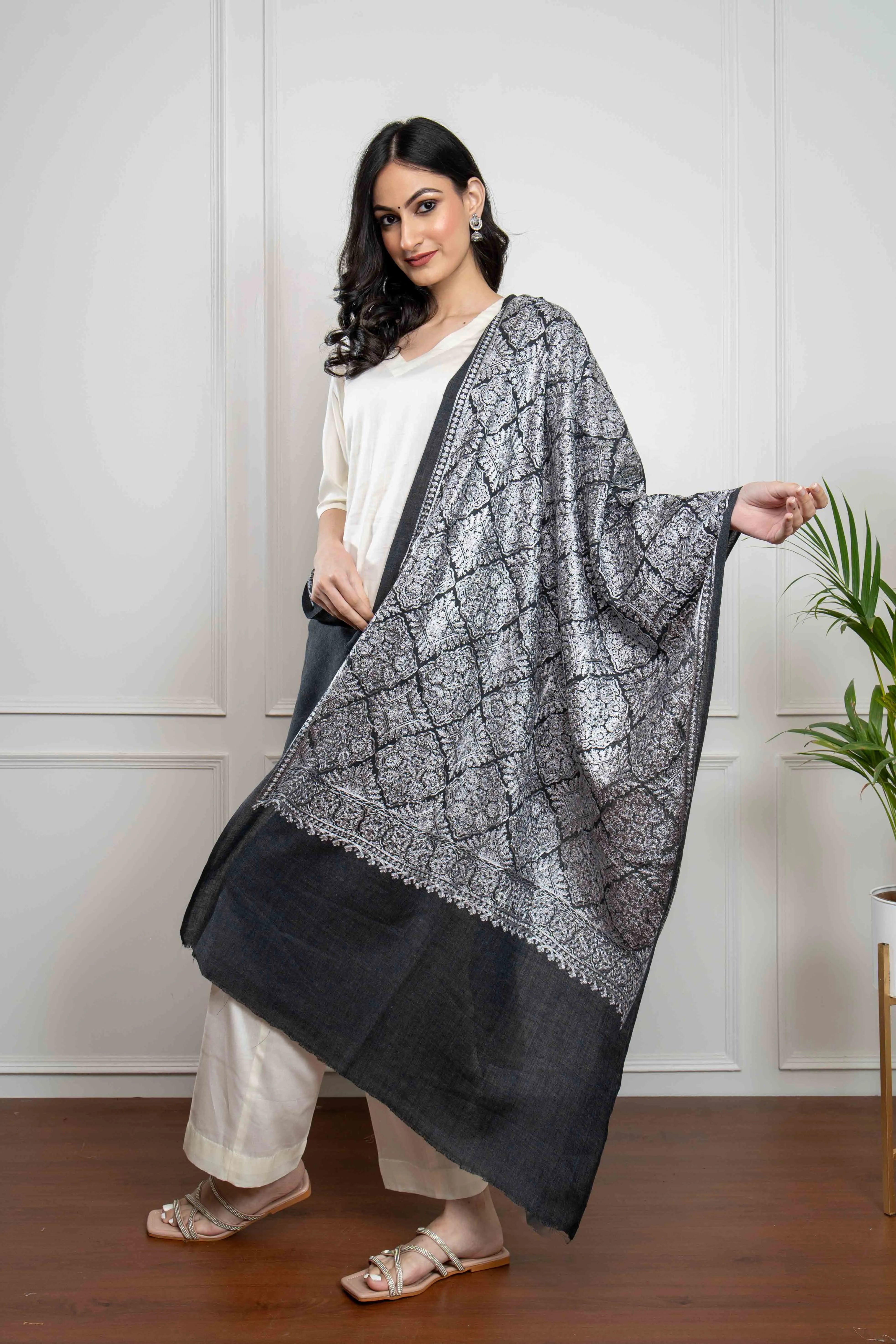 Grey Self Barfi Nalki embroidery Fine Wool Blend Stole