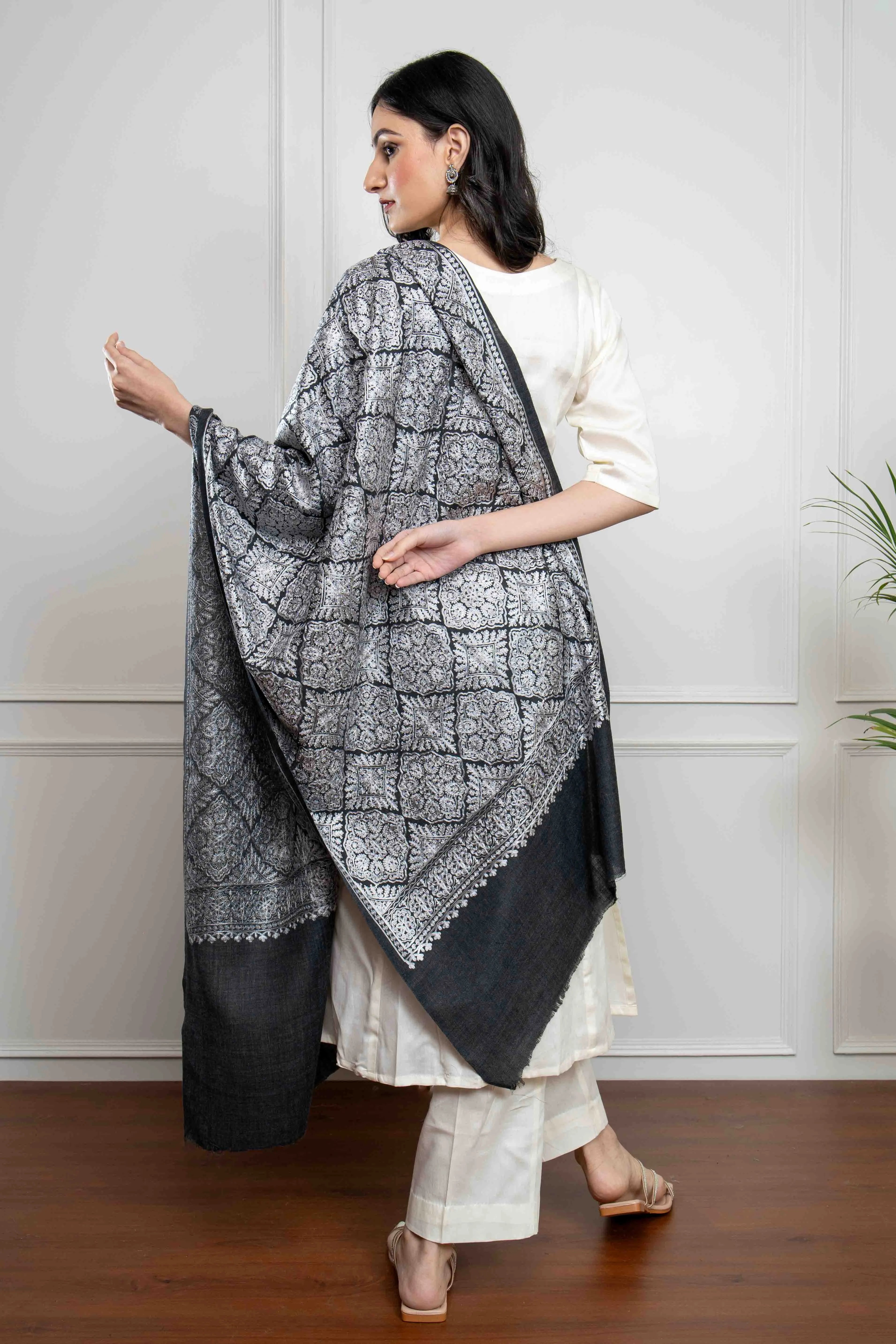 Grey Self Barfi Nalki embroidery Fine Wool Blend Stole