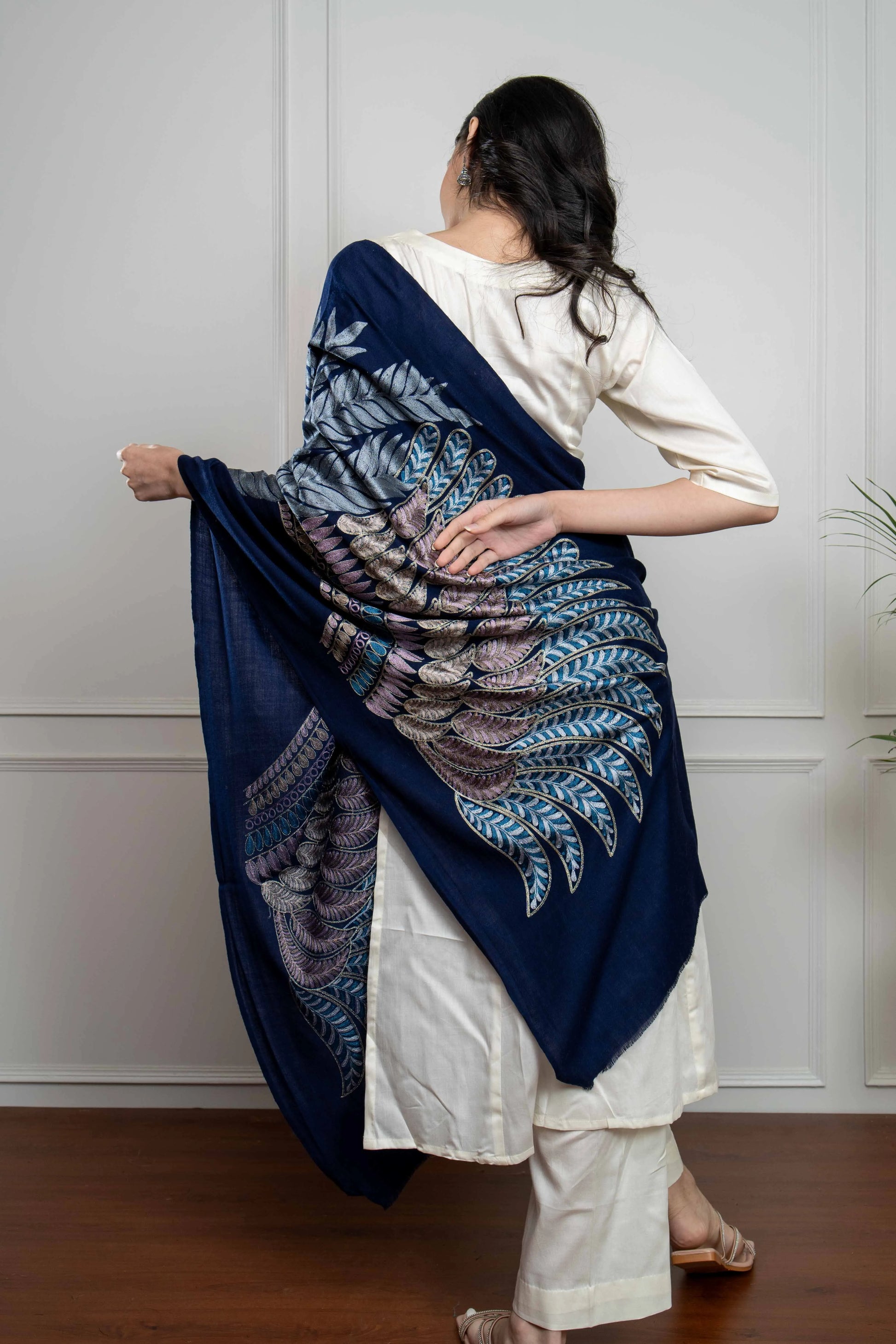 Navy Wing Motif with Feathers Nalki embroidery Fine Wool Blend Stole