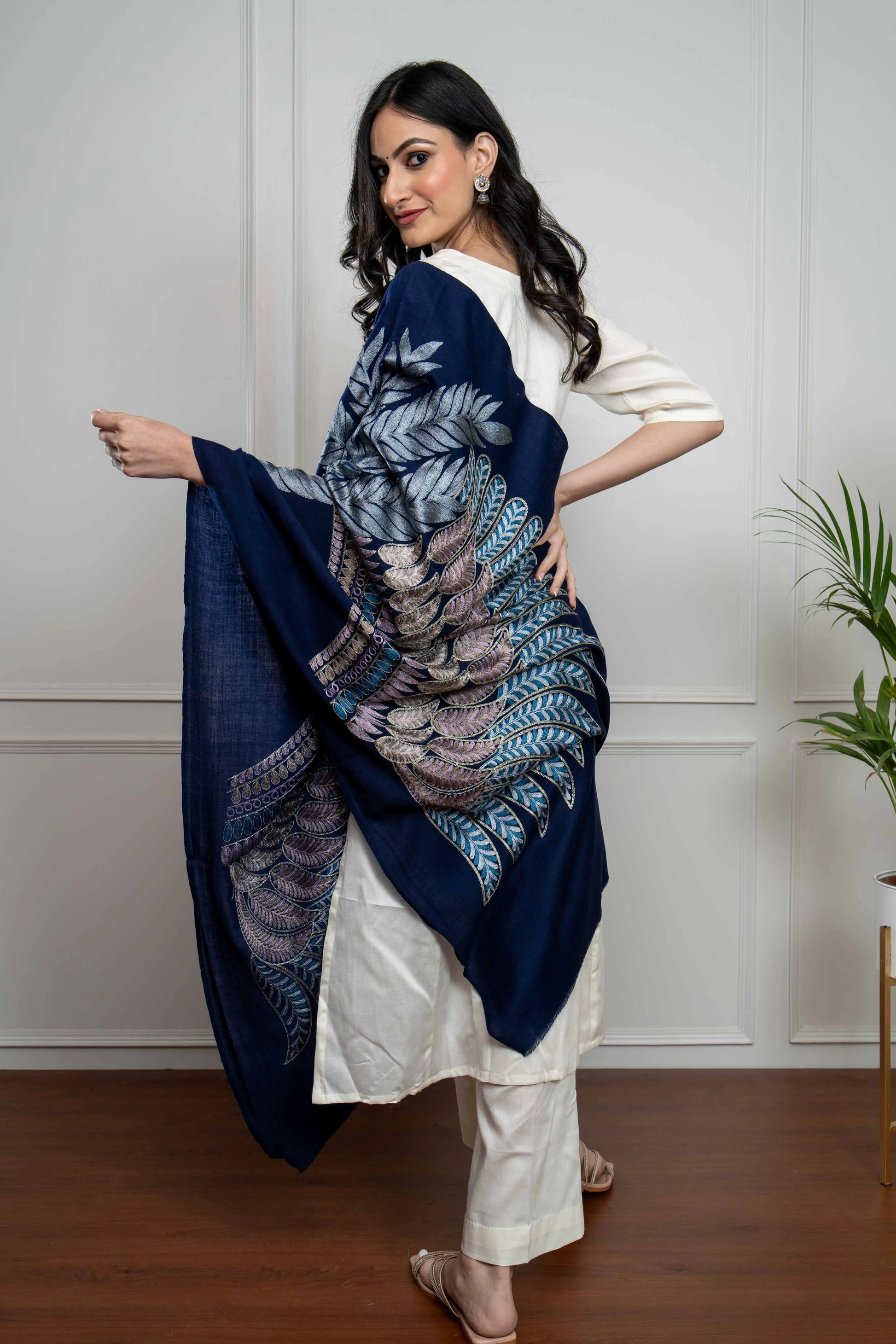 Navy Wing Motif with Feathers Nalki embroidery Fine Wool Blend Stole