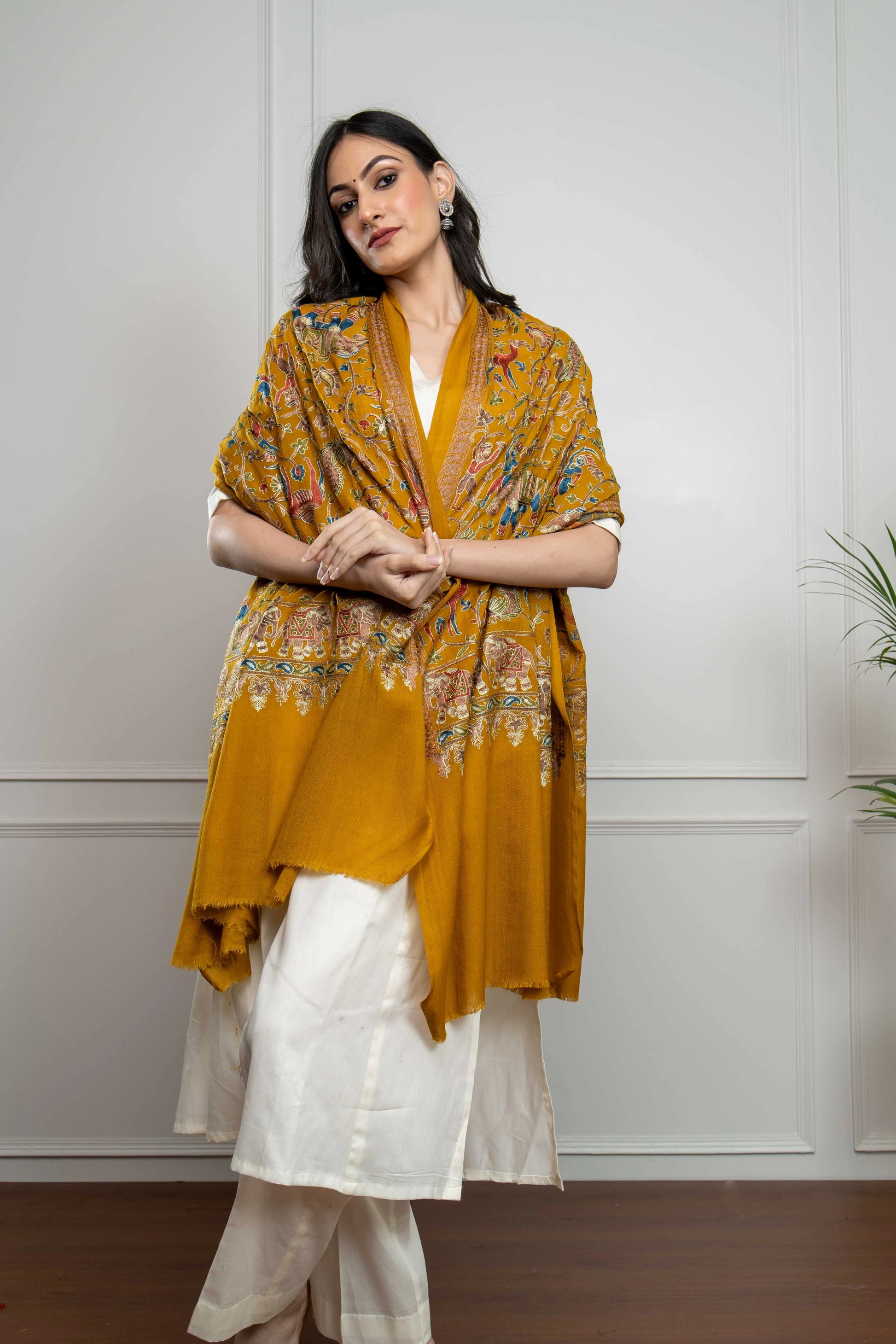 Mustard Elephant and Peacock Motifs Jaal Nalki embroidery Fine Wool Blend Shawl