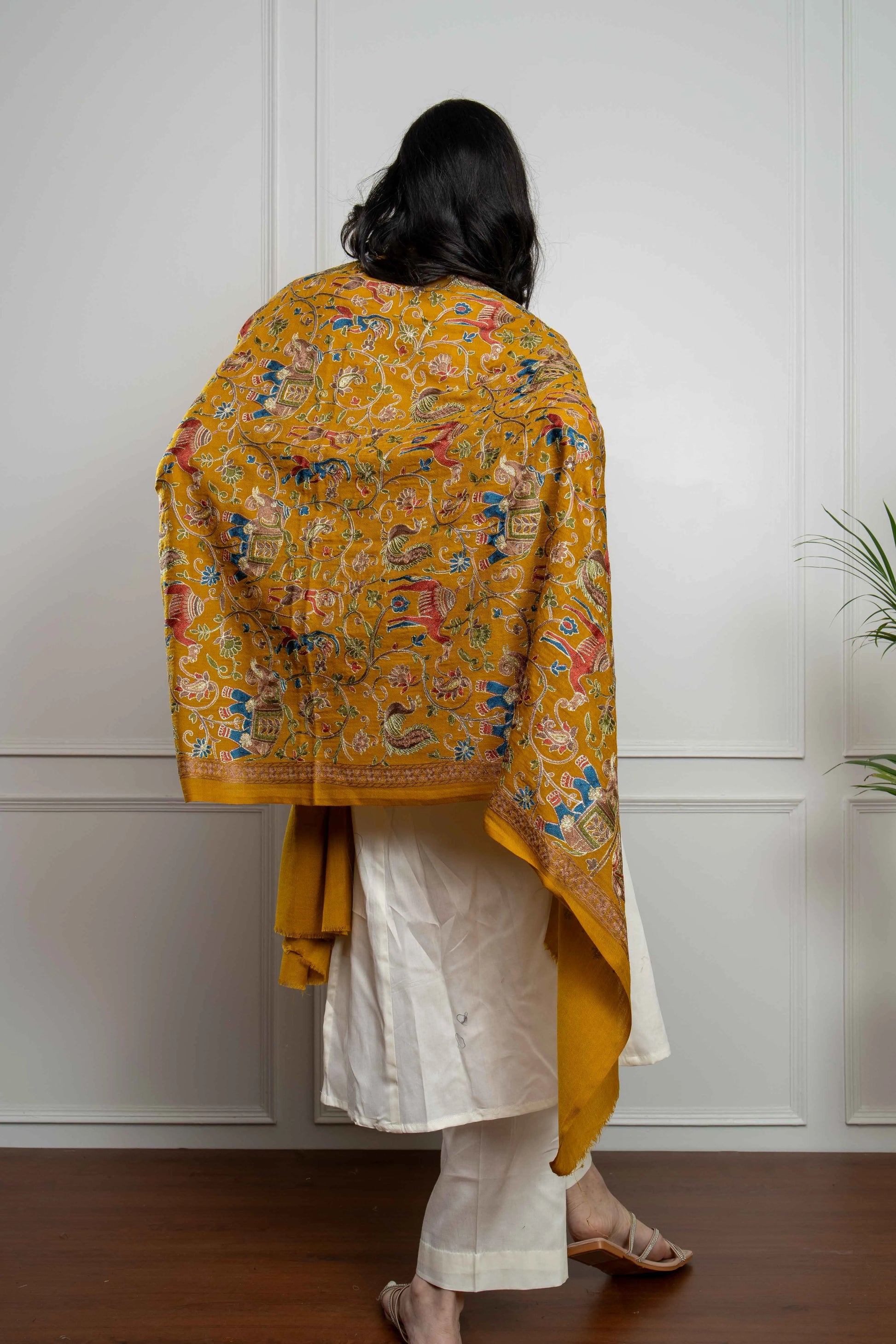 Mustard Elephant and Peacock Motifs Jaal Nalki embroidery Fine Wool Blend Shawl
