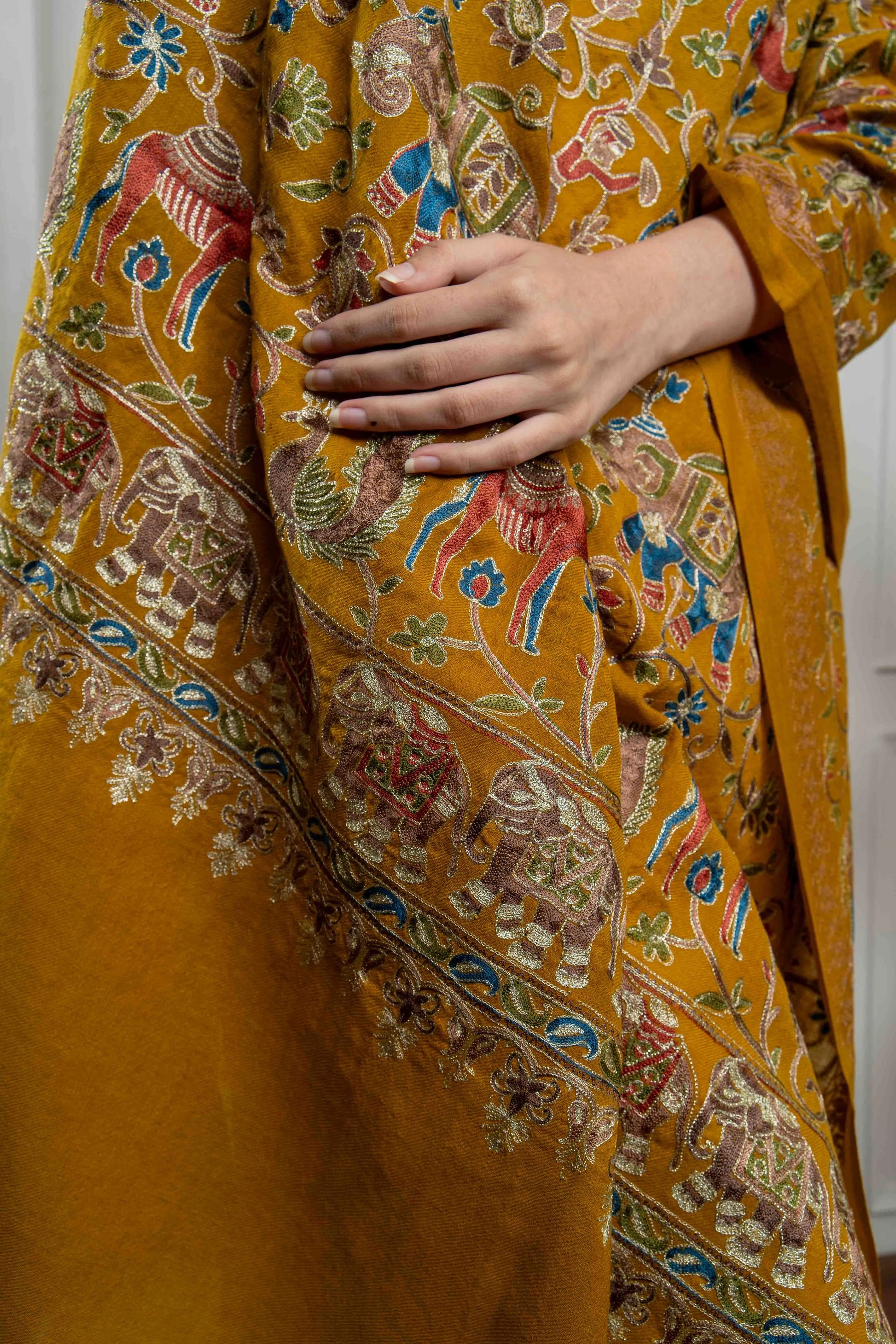 Mustard Elephant and Peacock Motifs Jaal Nalki embroidery Fine Wool Blend Shawl