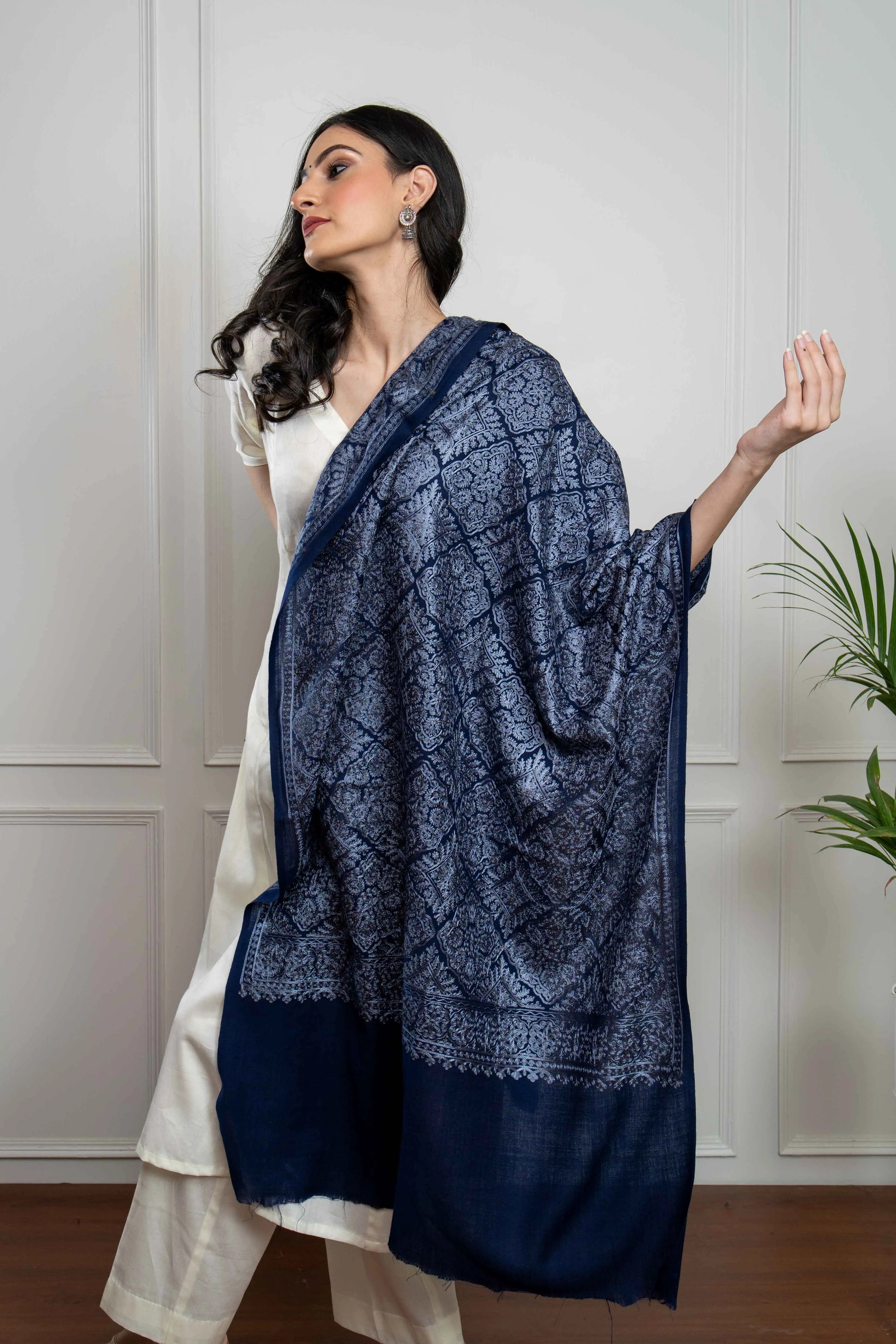 Navy Self Barfi Nalki embroidery Fine Wool Blend Stole