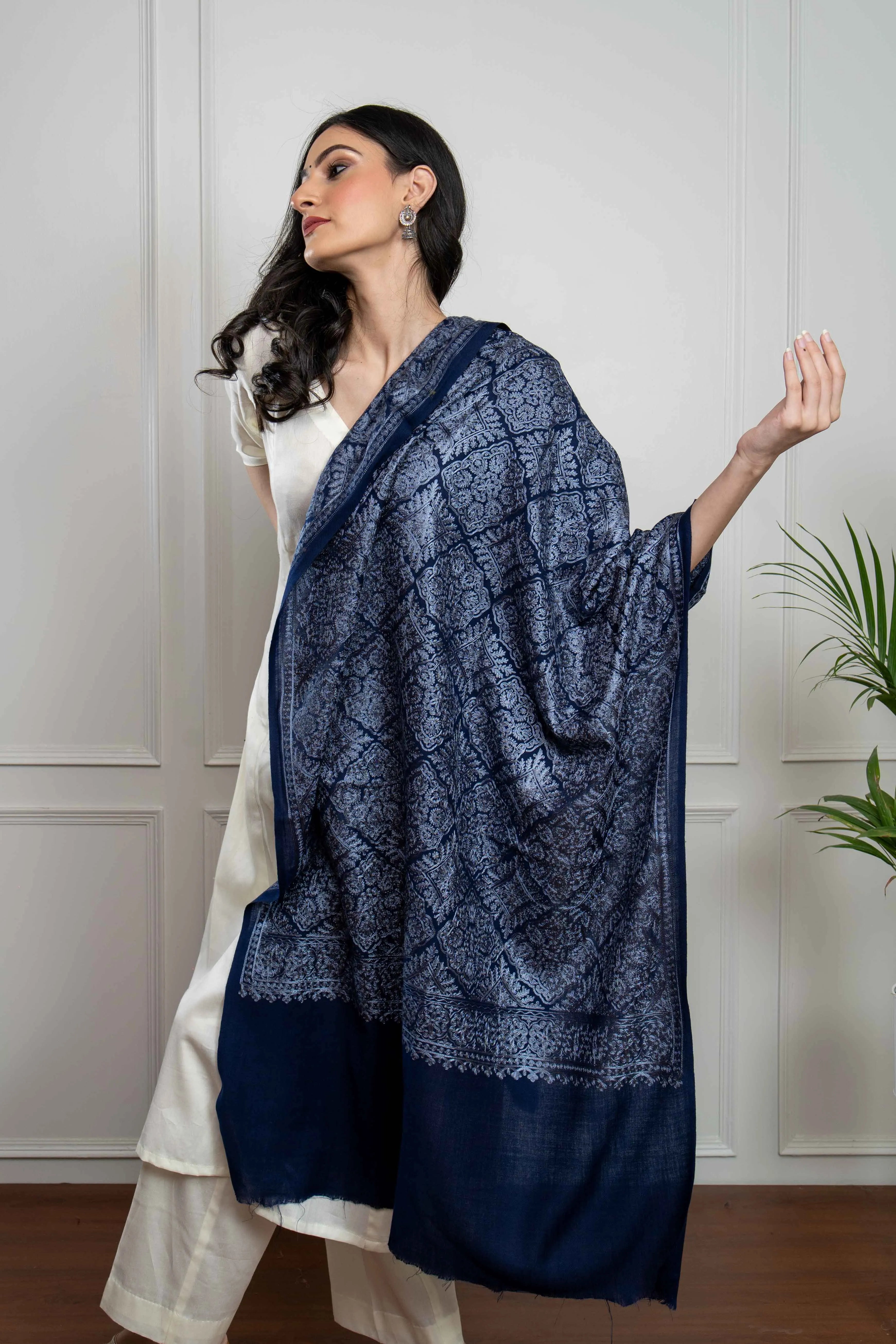 Sadah Women's Navy Self Barfi Nalki embroidery Fine Wool Blend Stole