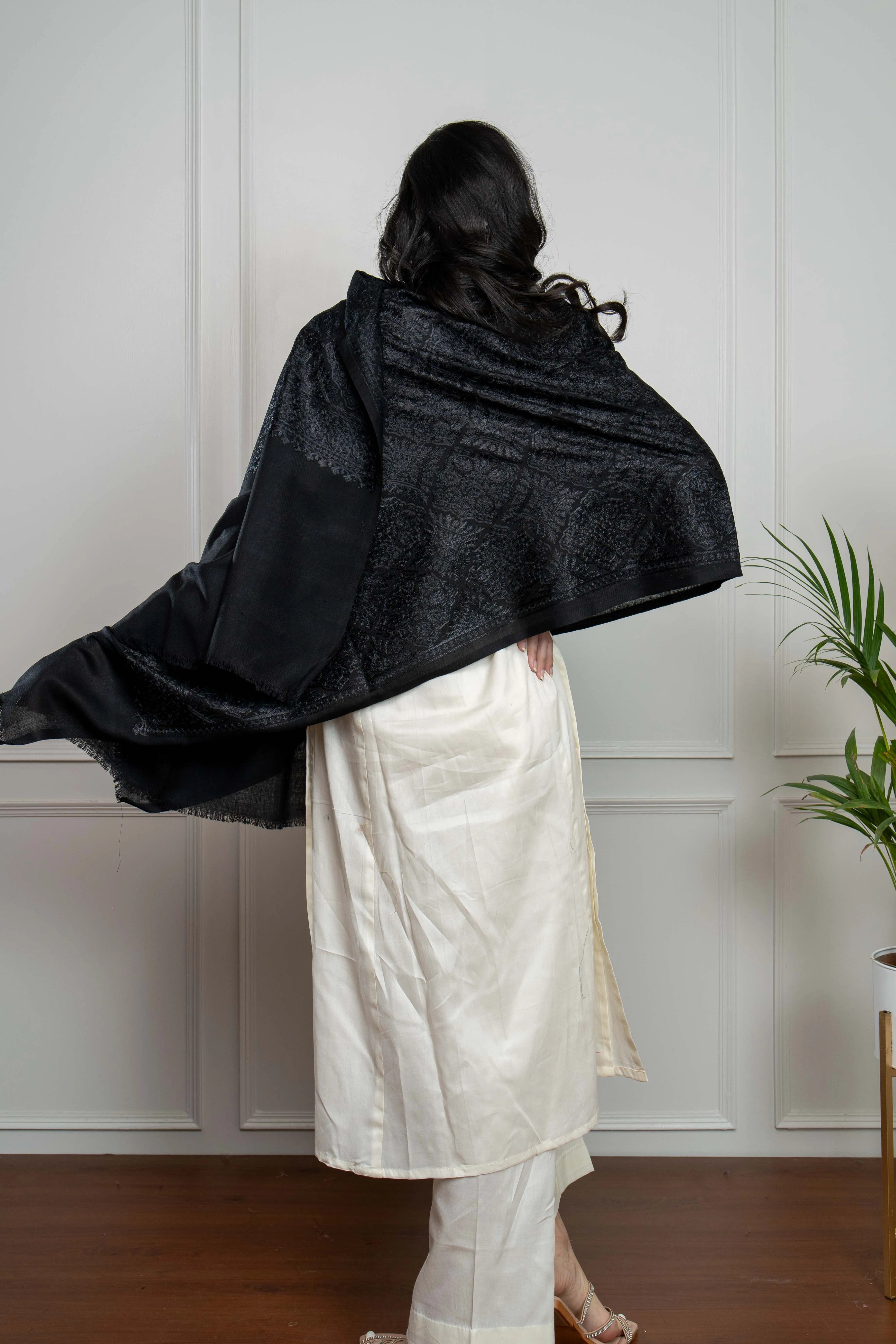 Black Self Barfi Nalki embroidery Fine Wool Blend Stole