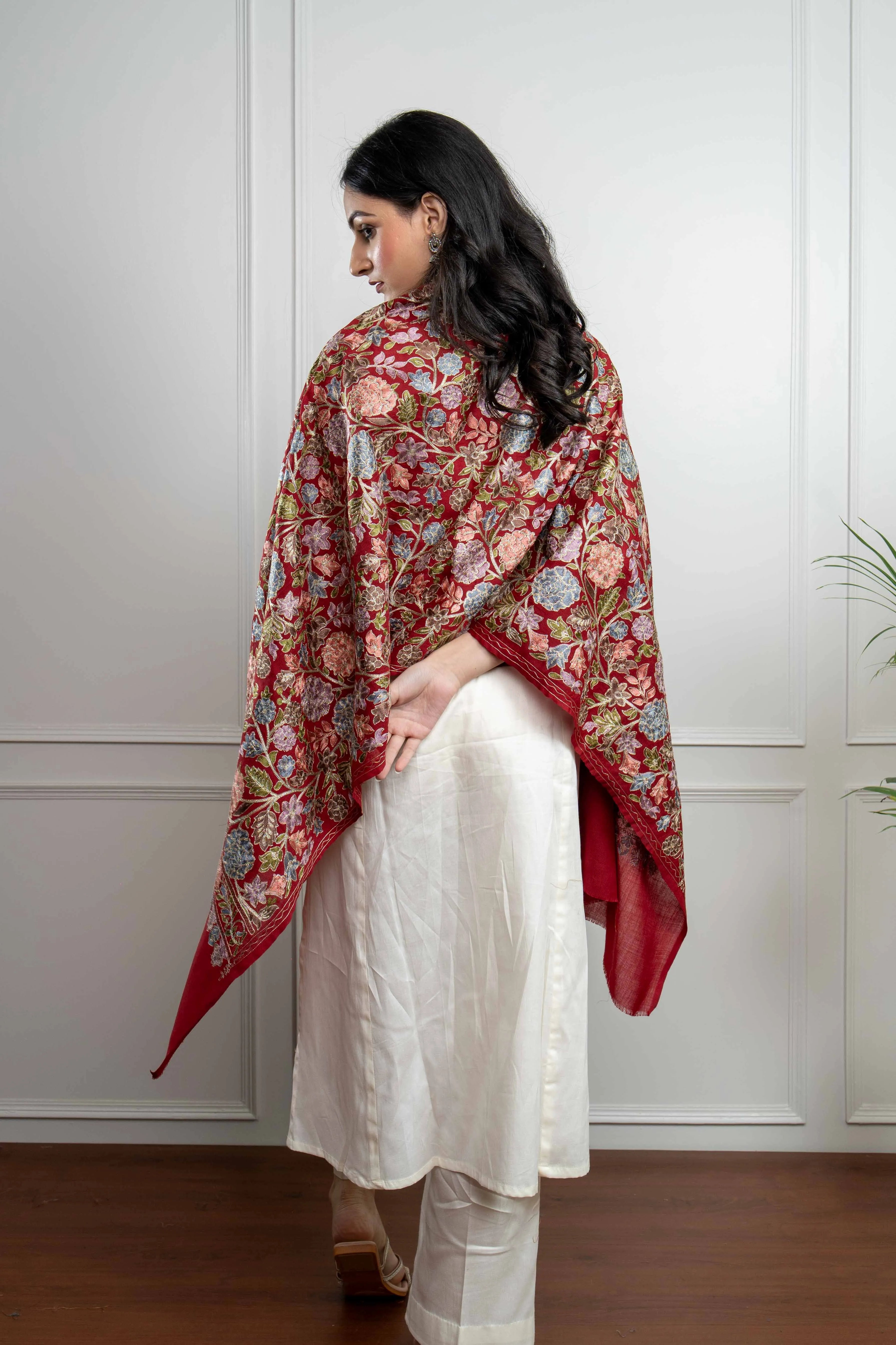 Maroon Gulaab Jaal Nalki embroidery Fine Wool Blend Stole (dispatch time 3 weeks)