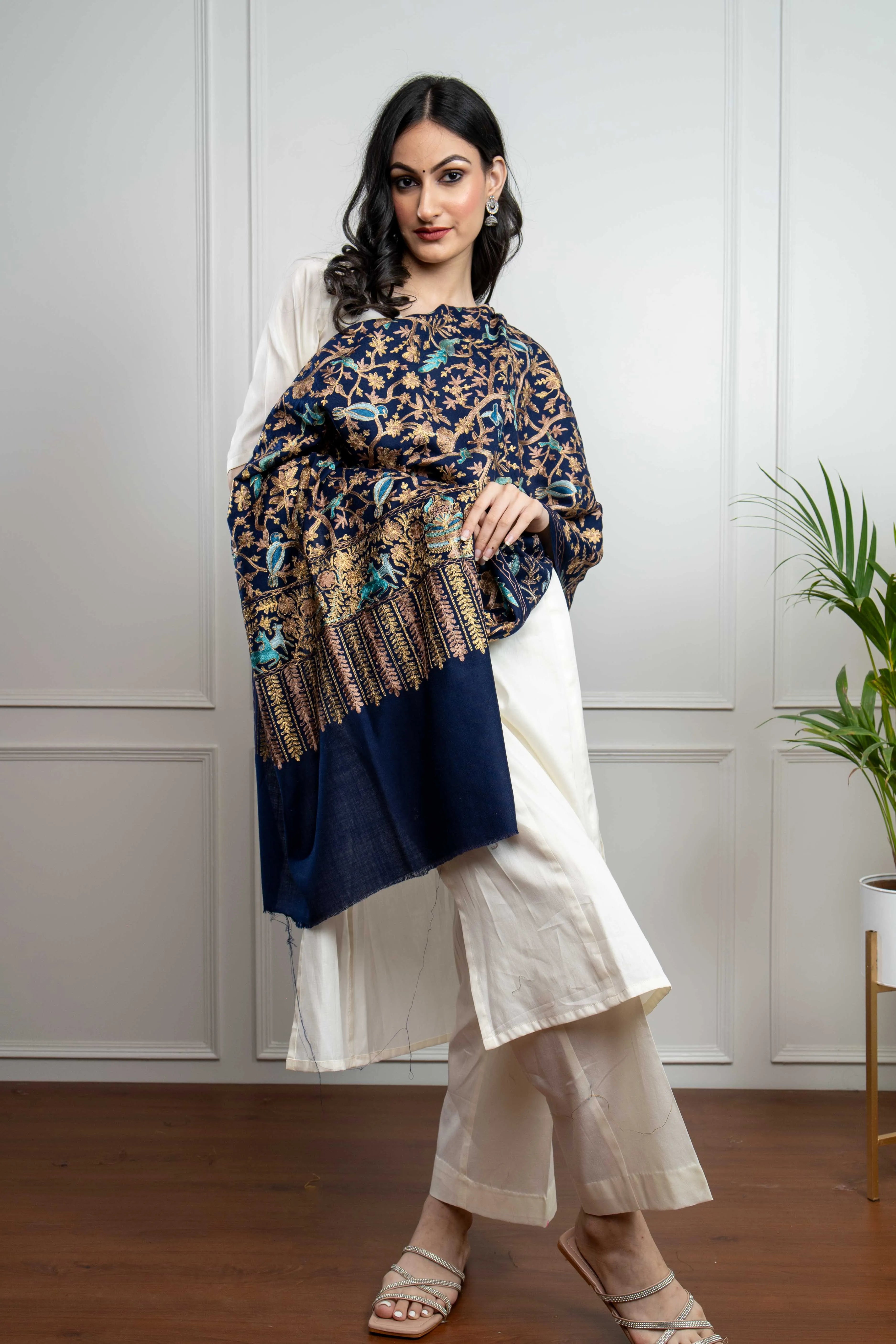 Navy Birds Motif Jaal Nalki embroidery Fine Wool Blend Stole
