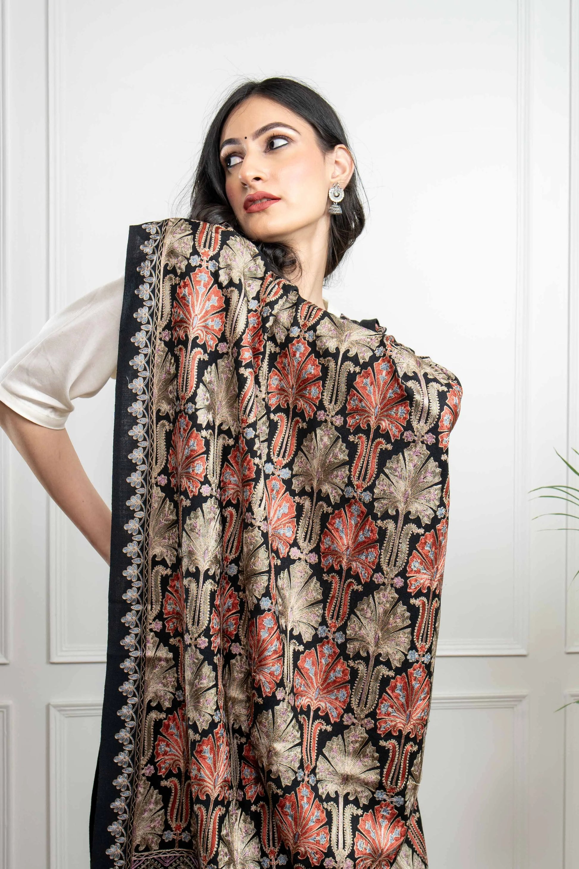 Black Chinaar Patta Jaal Nalki embroidery Fine Wool Blend Shawl