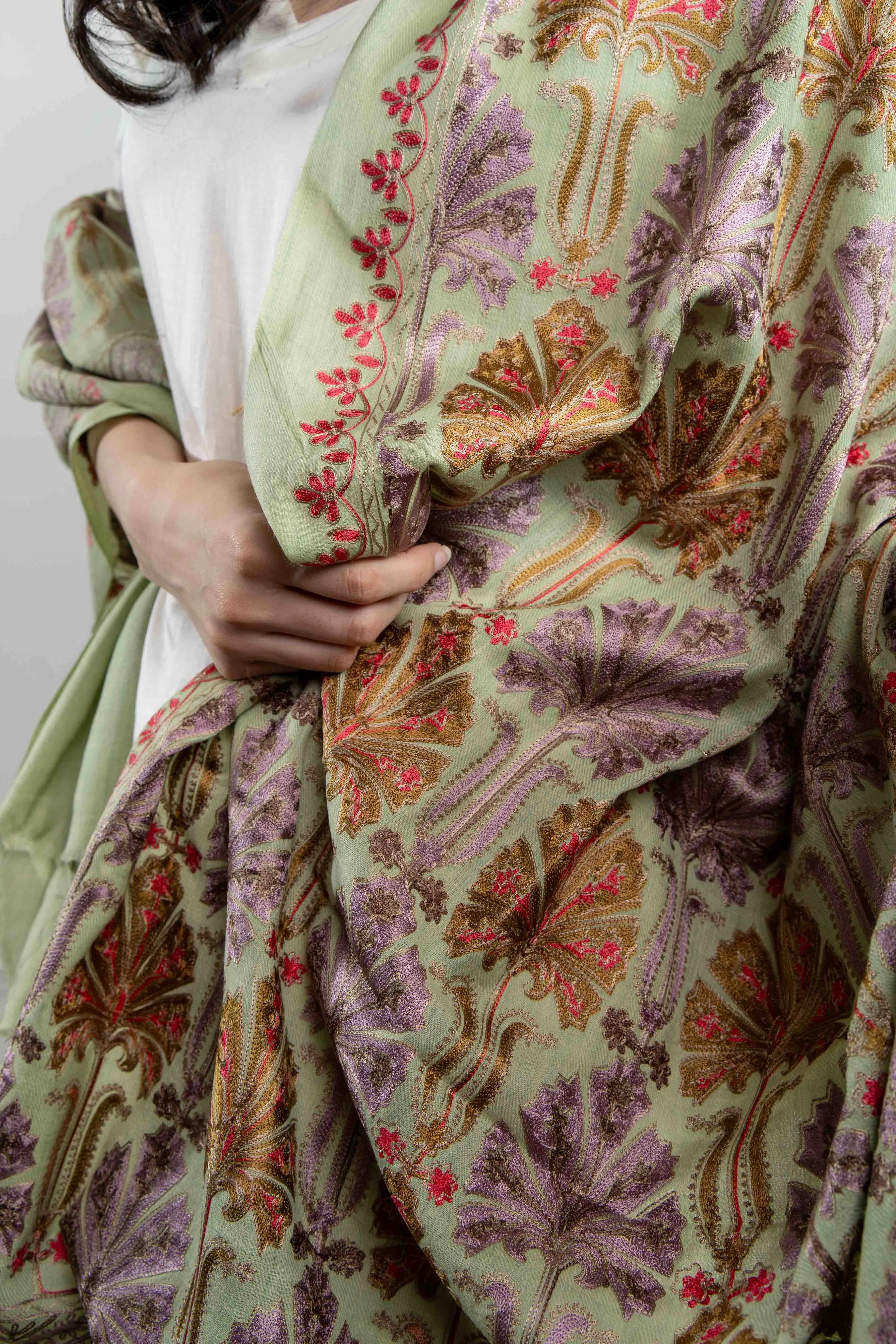 Pista Chinaar Patta Jaal Nalki embroidery Fine Wool Blend Shawl