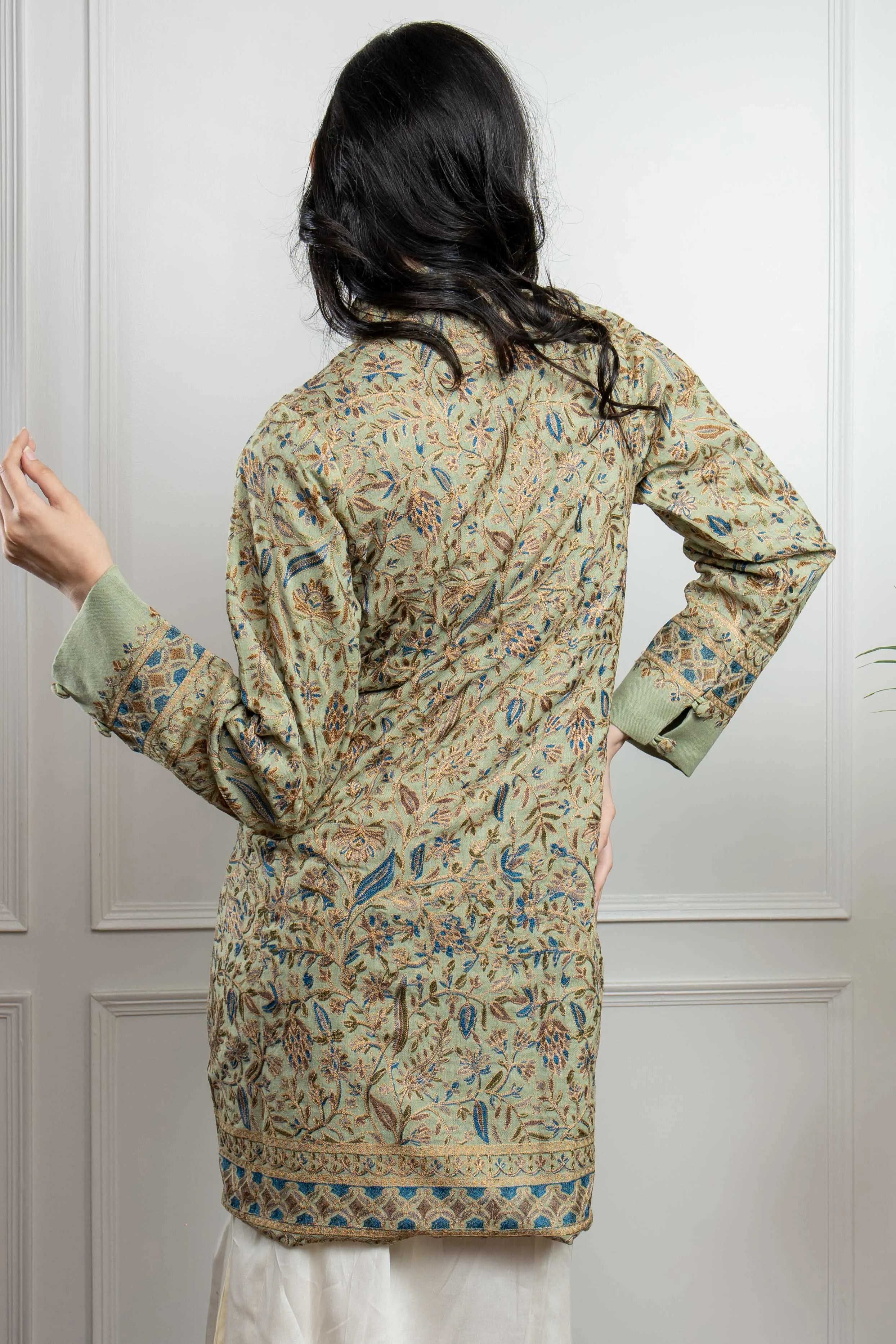 (Customised size Dispatch time 3 weeks) Sadah Women's Pista Floral Leaf Jaal Nalki Embroidery Fine Wool Long Jacket