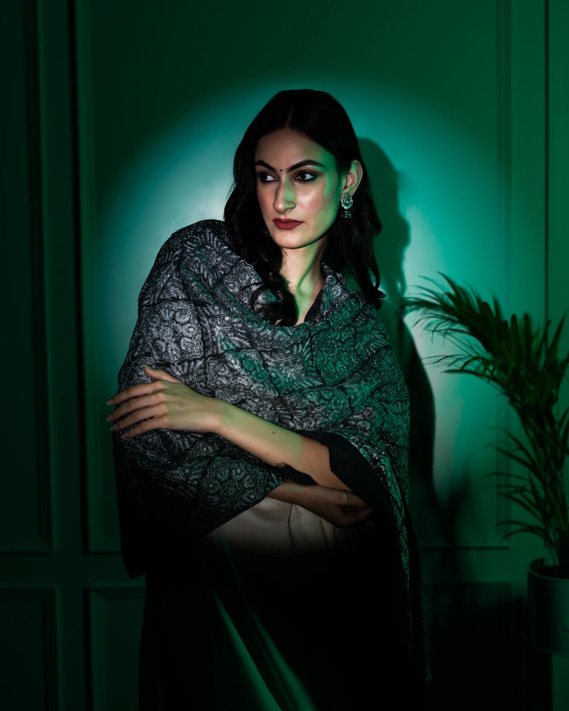 Grey Self Barfi Nalki embroidery Fine Wool Blend Stole