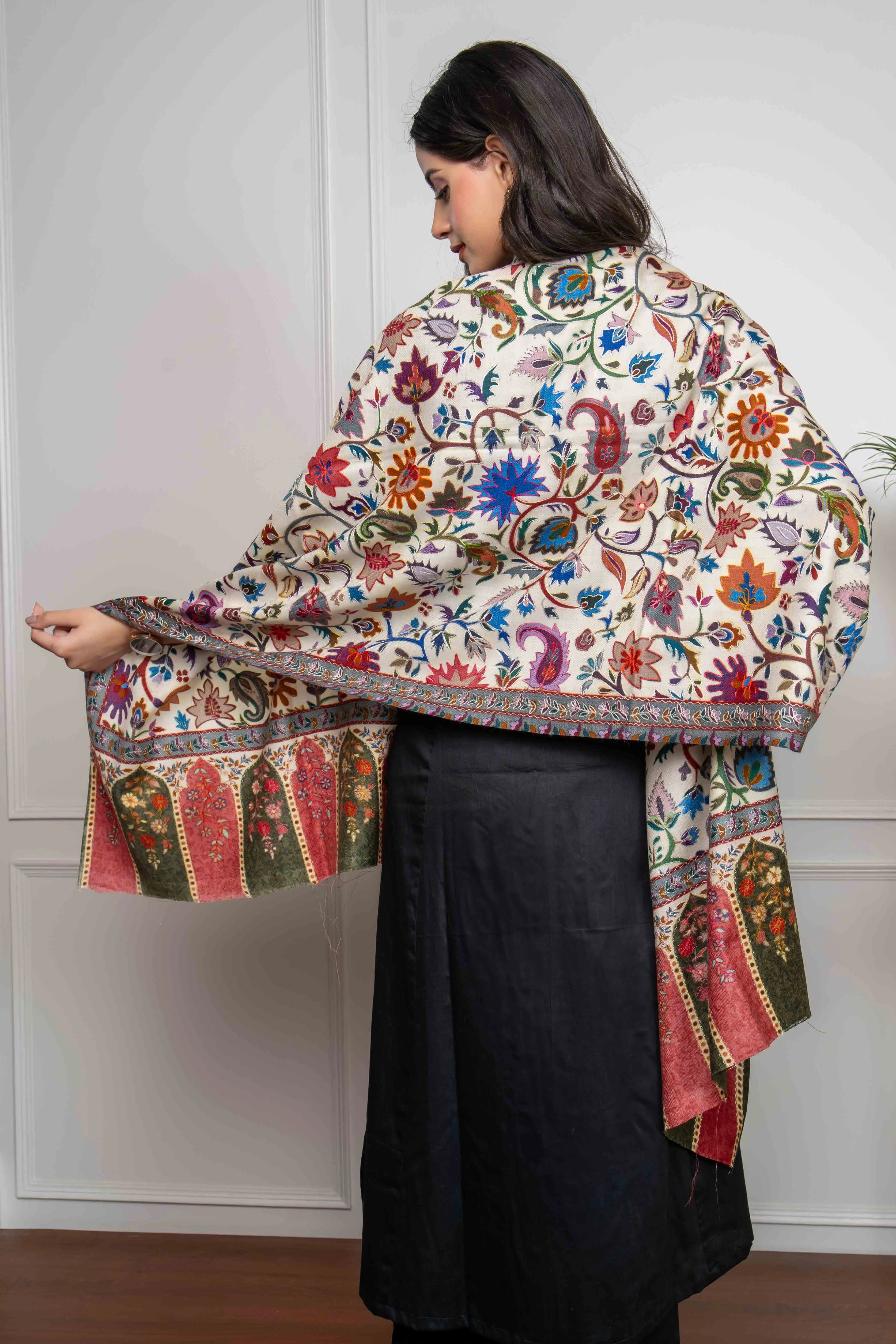 White Floral Kalamkari Pashmina Stole