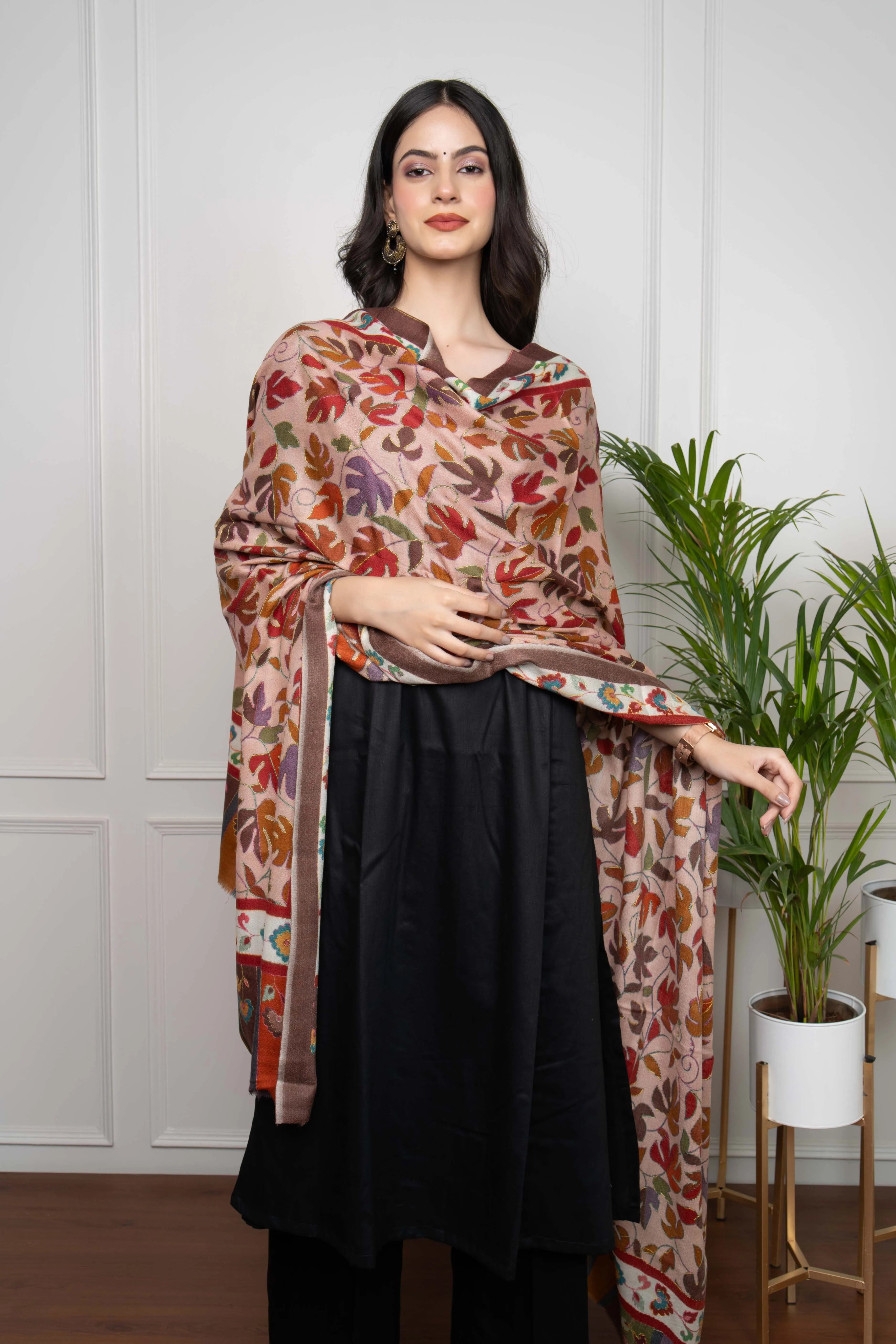 Red Leaf and Floral Handwork Kalamkari Pashmina Shawl