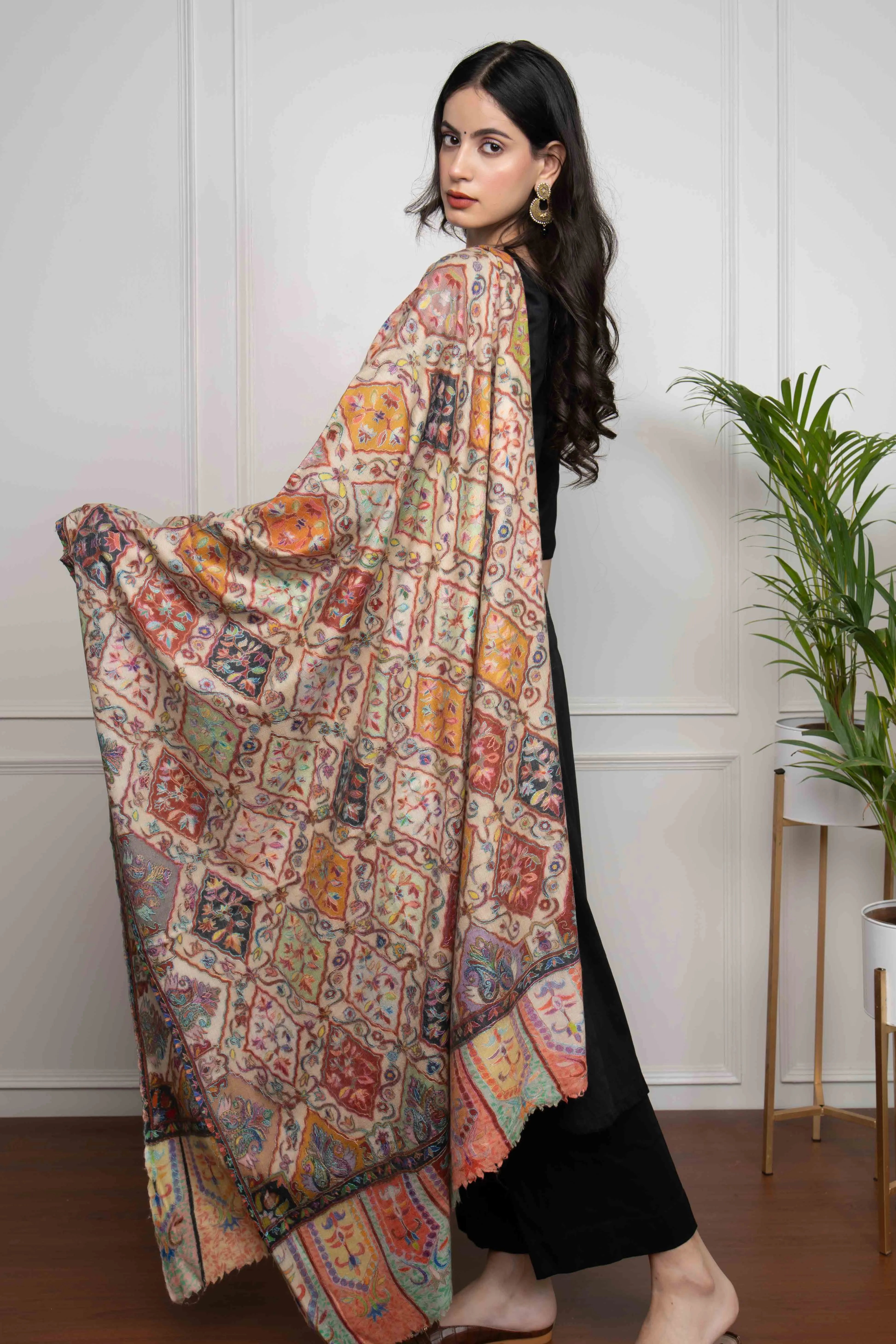 Peach Multicolored Plumule Jaal Handwork Kalamkari Handwork Pashmina Shawl (1 week dispatch time)