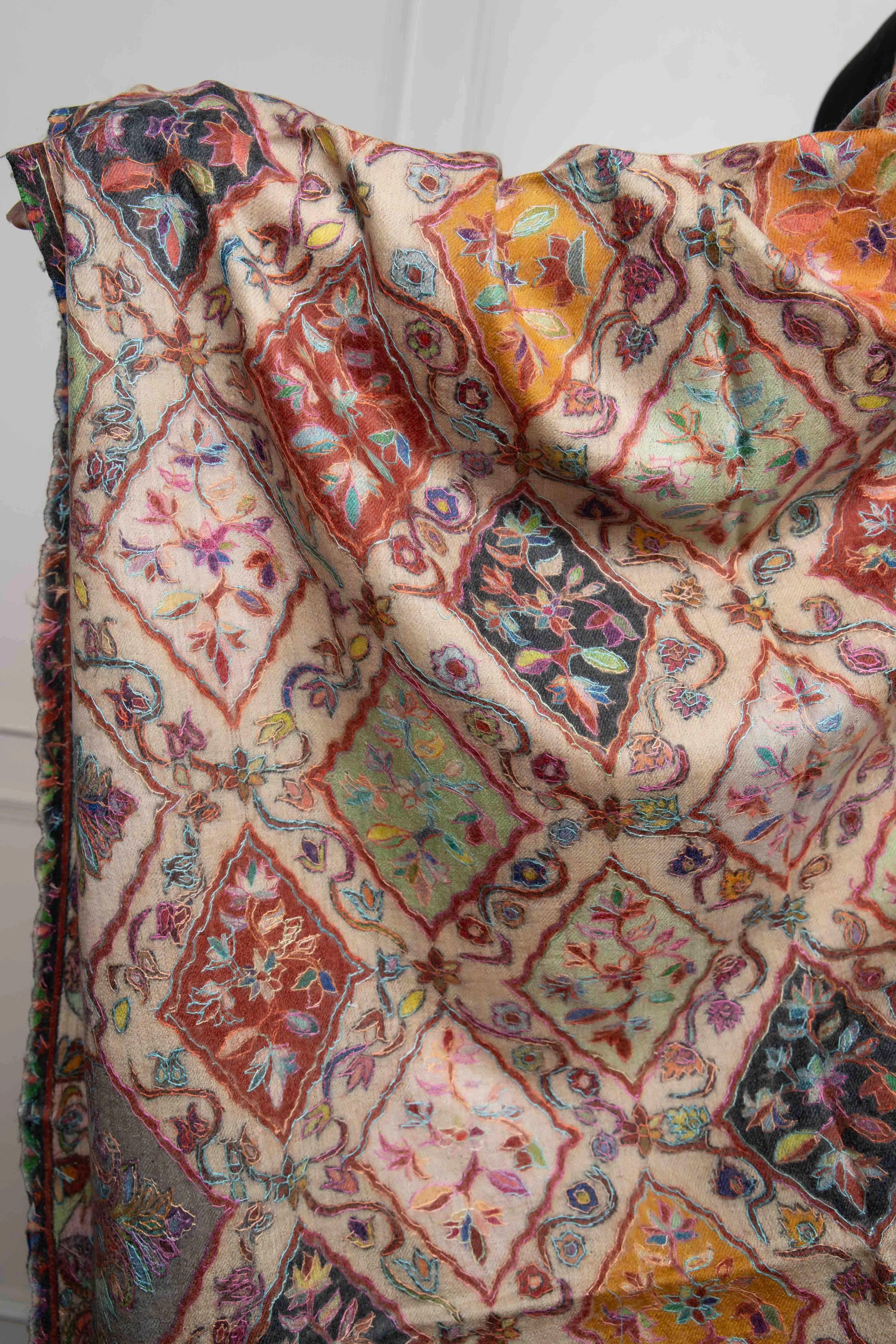 Peach Multicolored Plumule Jaal Handwork Kalamkari Handwork Pashmina Shawl (1 week dispatch time)