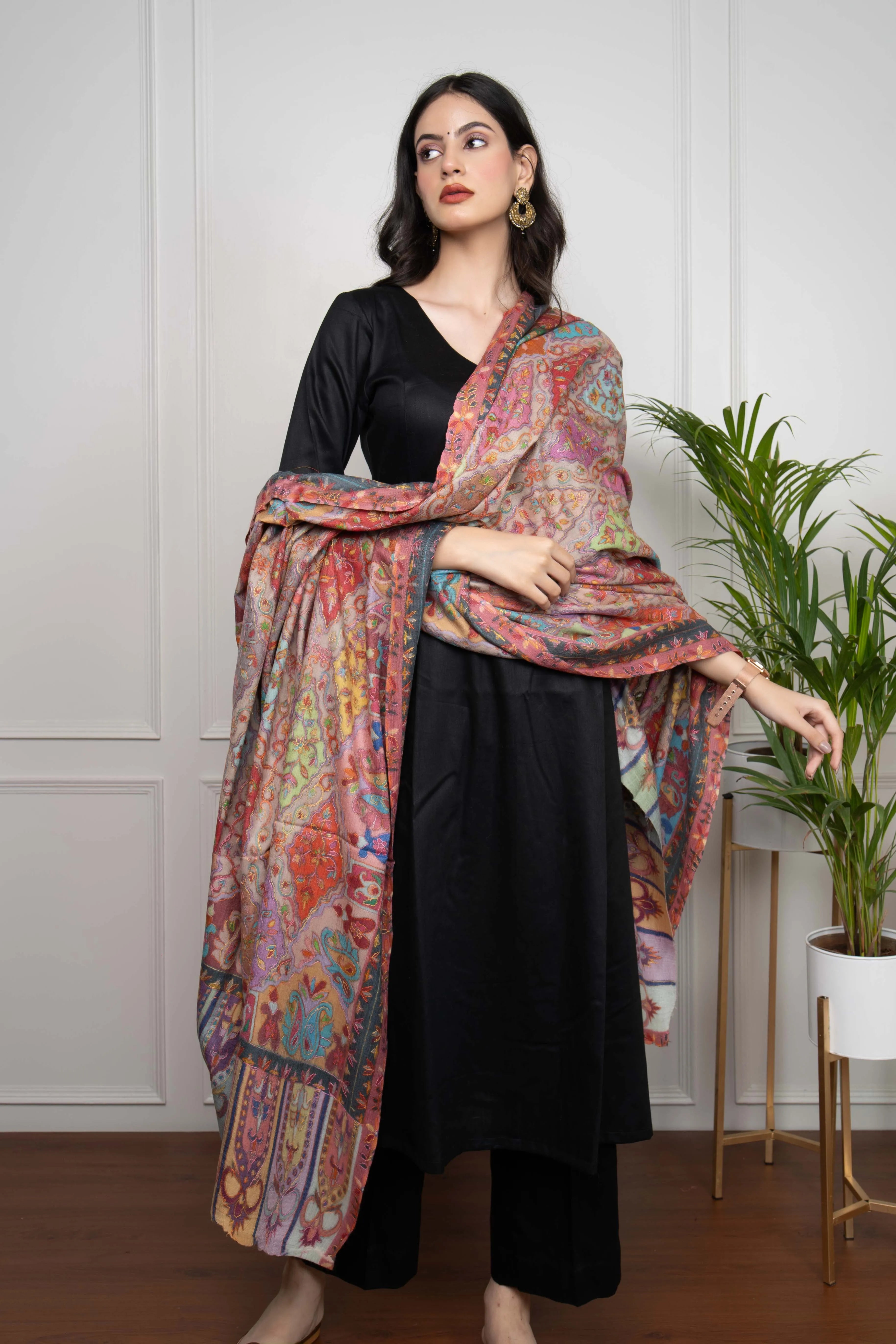 Sadah Women's Pink Multicolored Plumule Jaal Kalamkari Handwork Pashmina Shawl