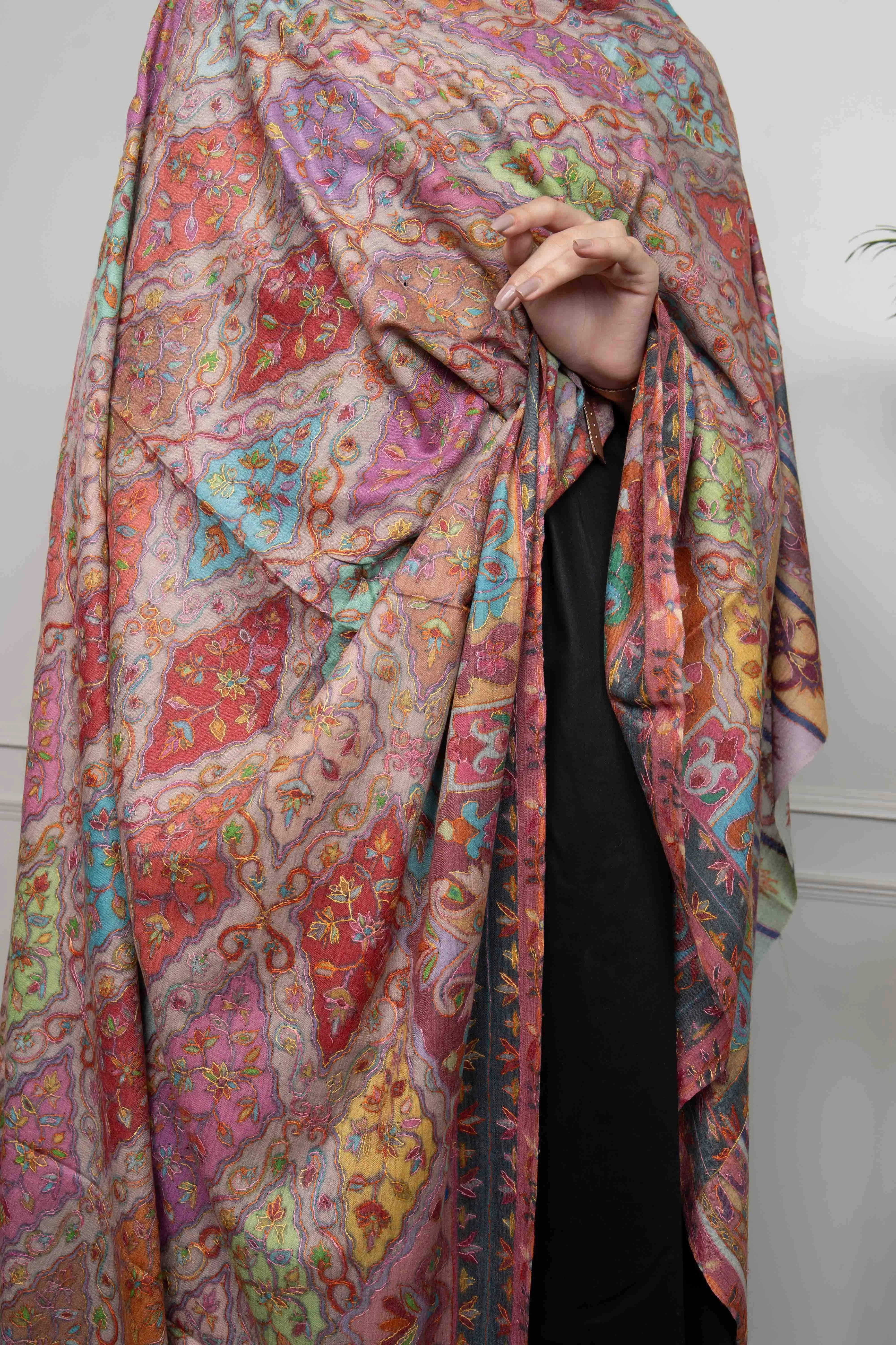 Sadah Women's Pink Multicolored Plumule Jaal Kalamkari Handwork Pashmina Shawl