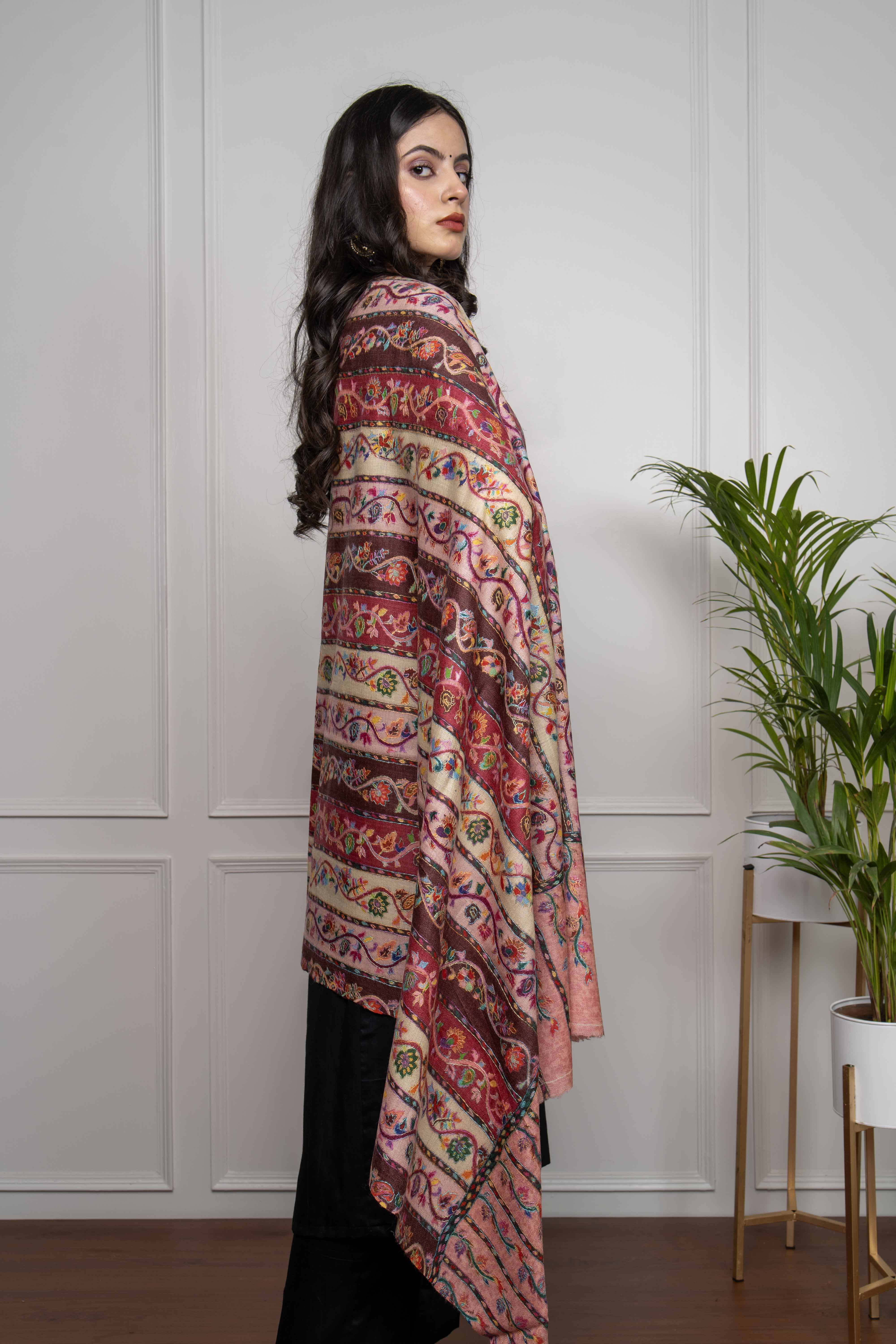 Red Multicolored Stripe Jaal Kalamkari Handwork Pashmina Shawl