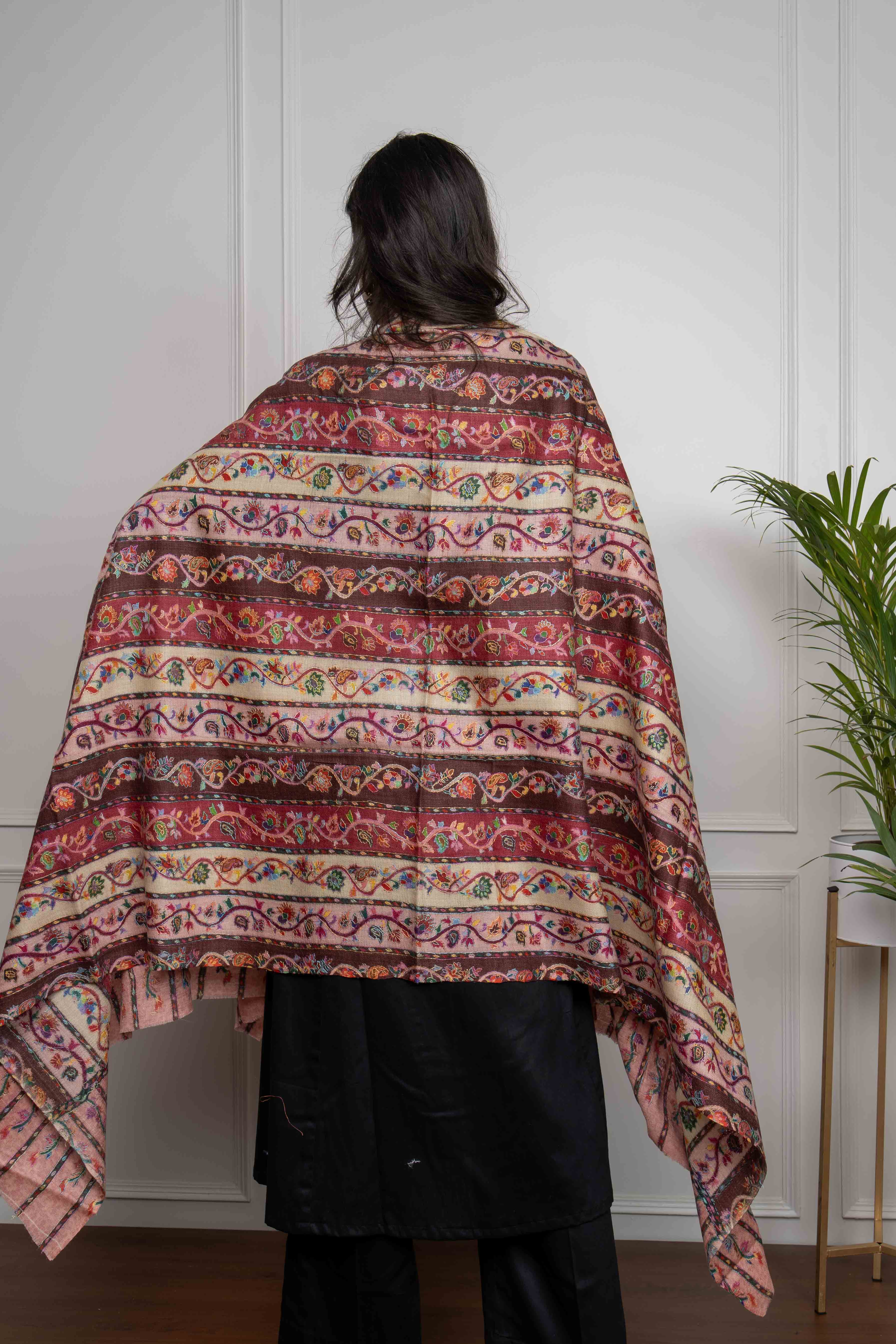 Red Multicolored Stripe Jaal Kalamkari Handwork Pashmina Shawl
