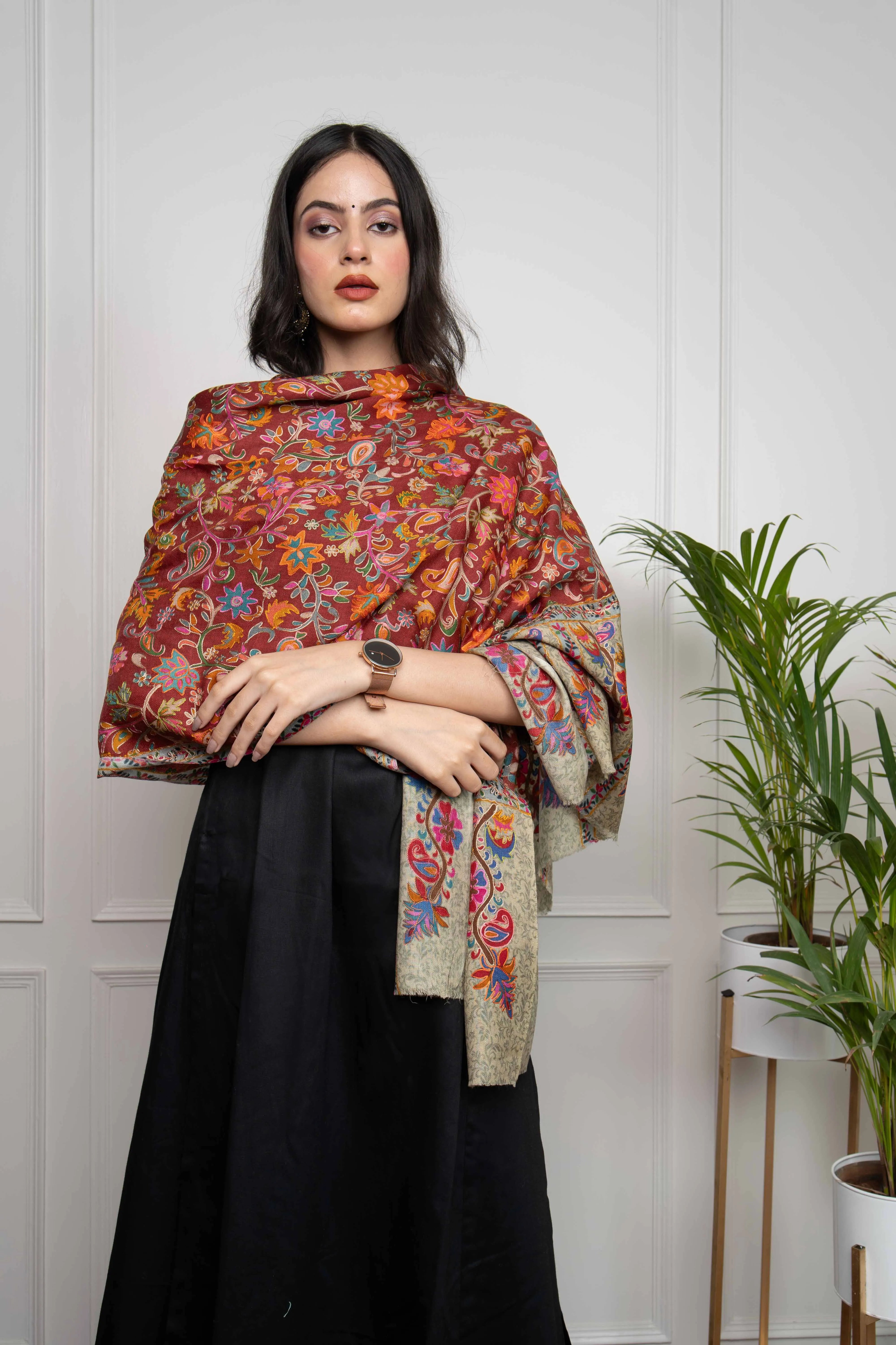 Sadah Women's Red Chinaar Patta Jaal Handwork Pashmina Kalamkari Stole