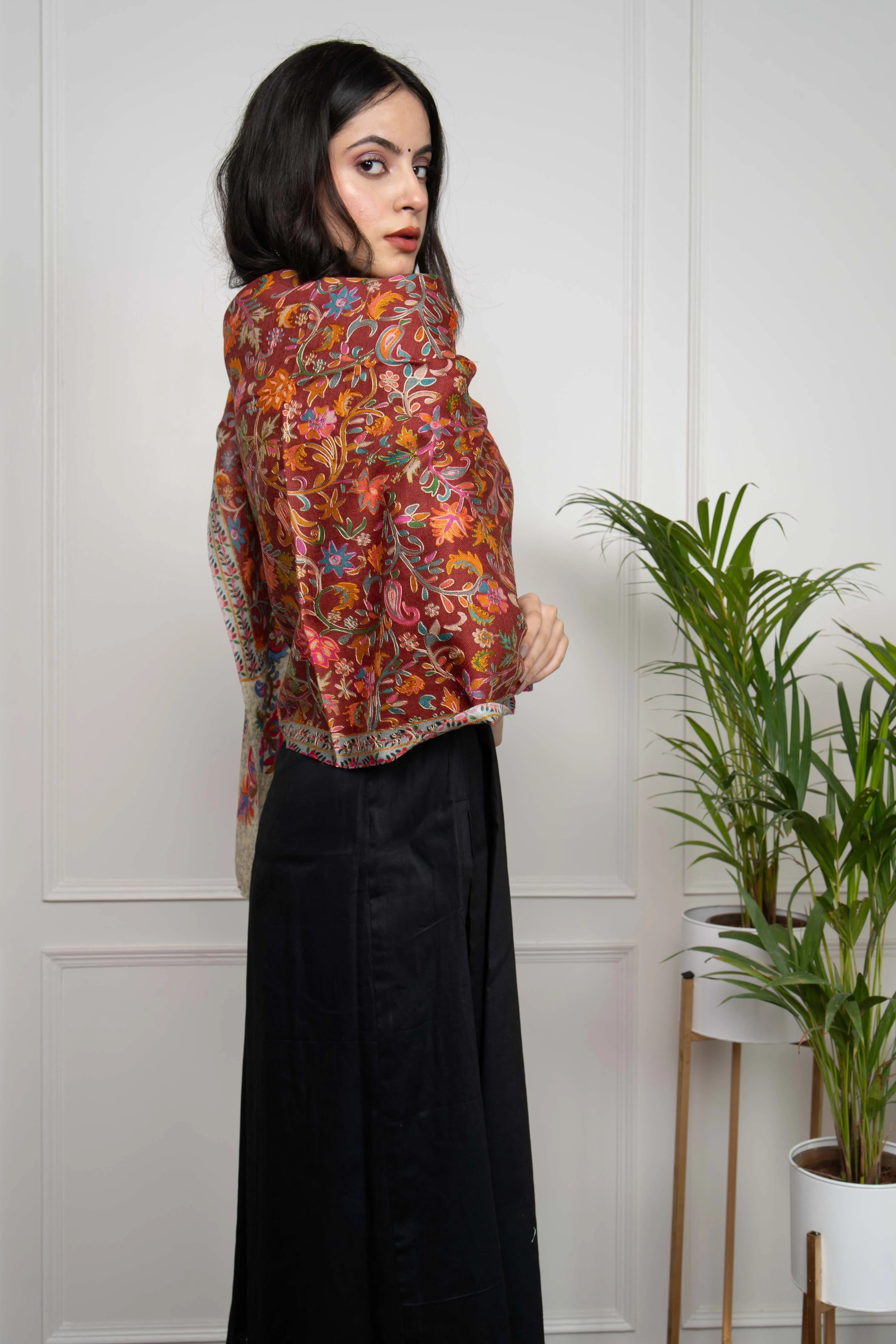 Red Chinaar Patta Jaal Handwork Pashmina Kalamkari Stole
