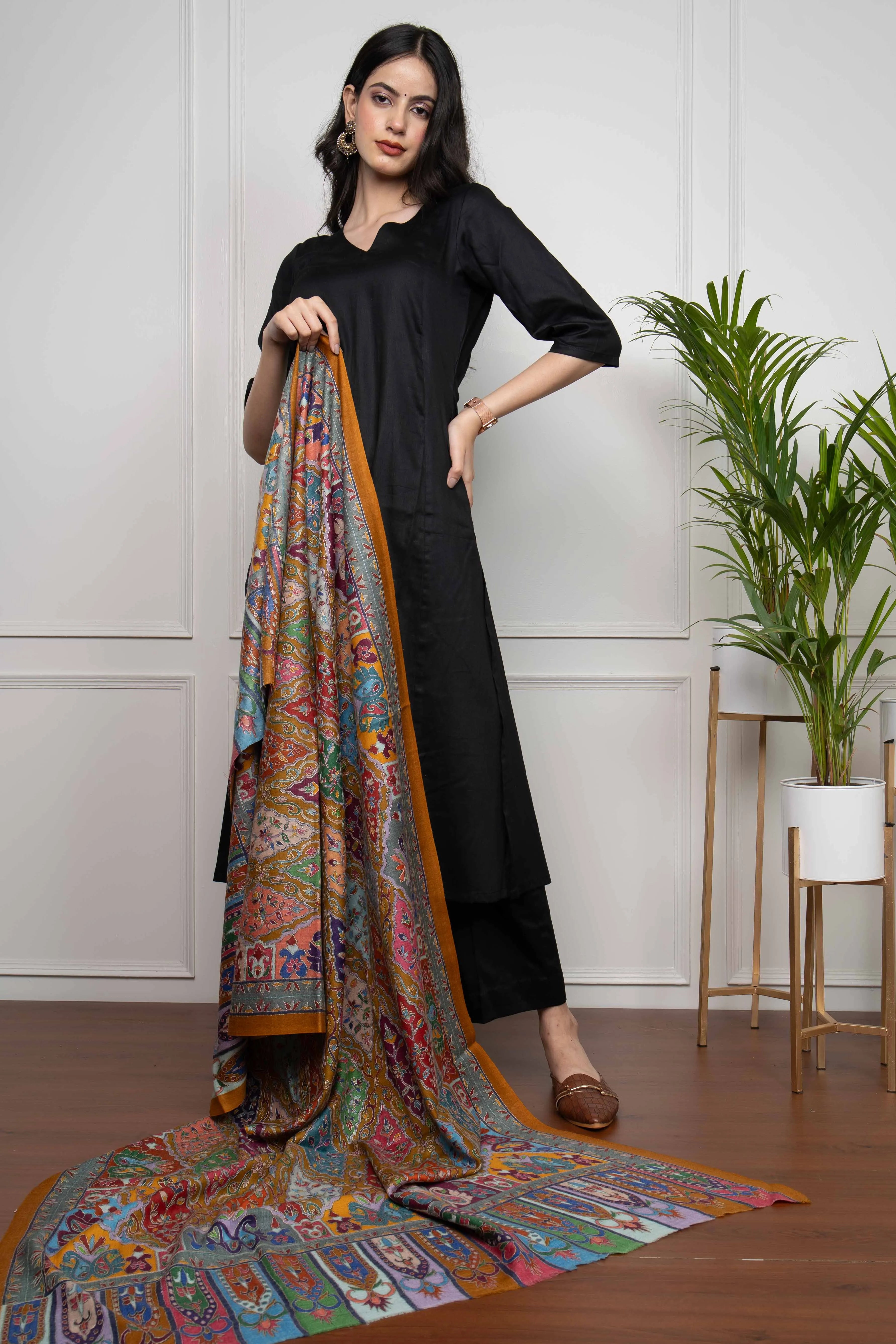 Mustard Multicolored Plumule Jaal Kalamkari Handwork Pashmina Shawl