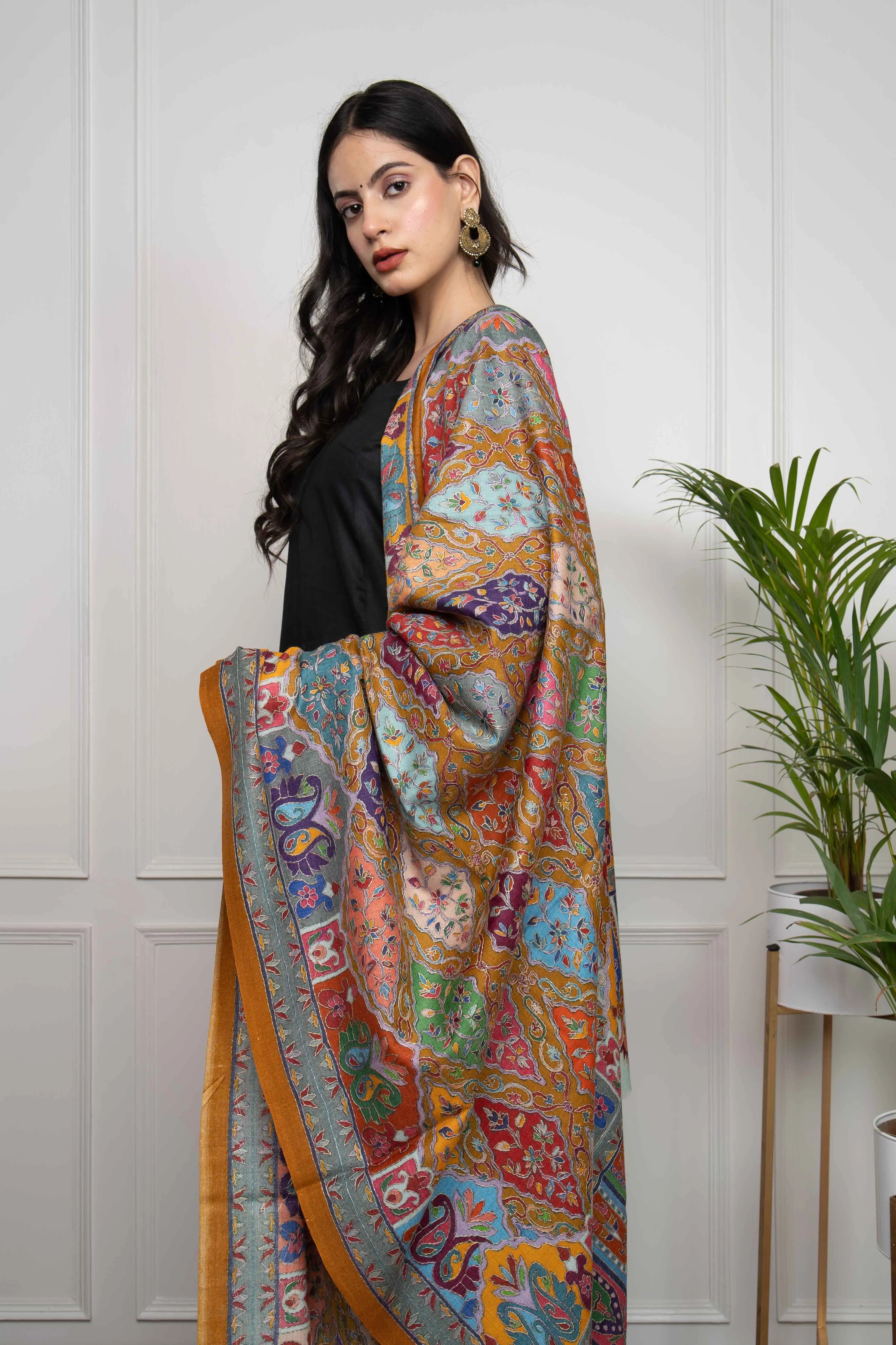 Mustard Multicolored Plumule Jaal Kalamkari Handwork Pashmina Shawl