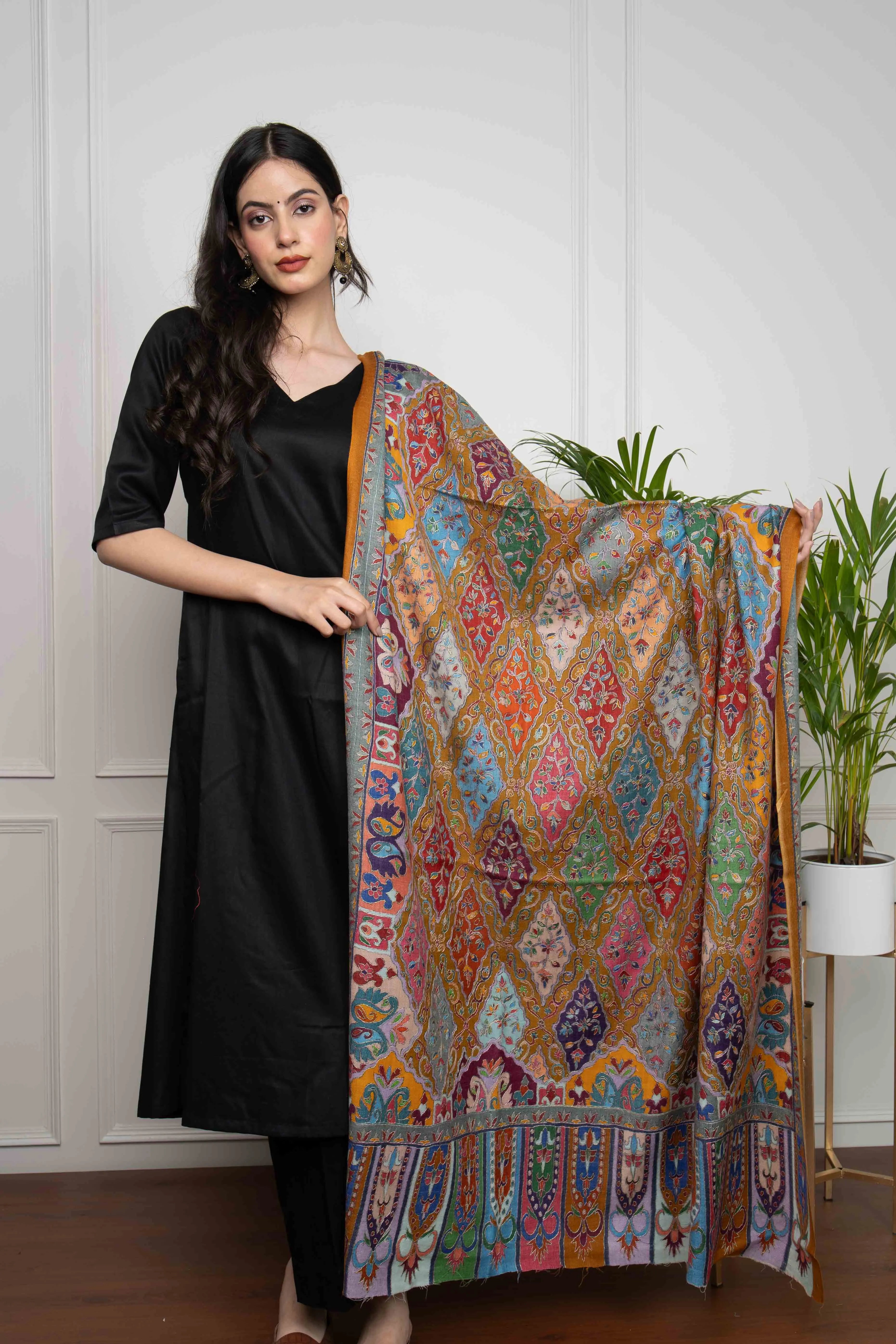 Sadah Women's Mustard Multicolored Plumule Jaal Kalamkari Handwork Pashmina Shawl