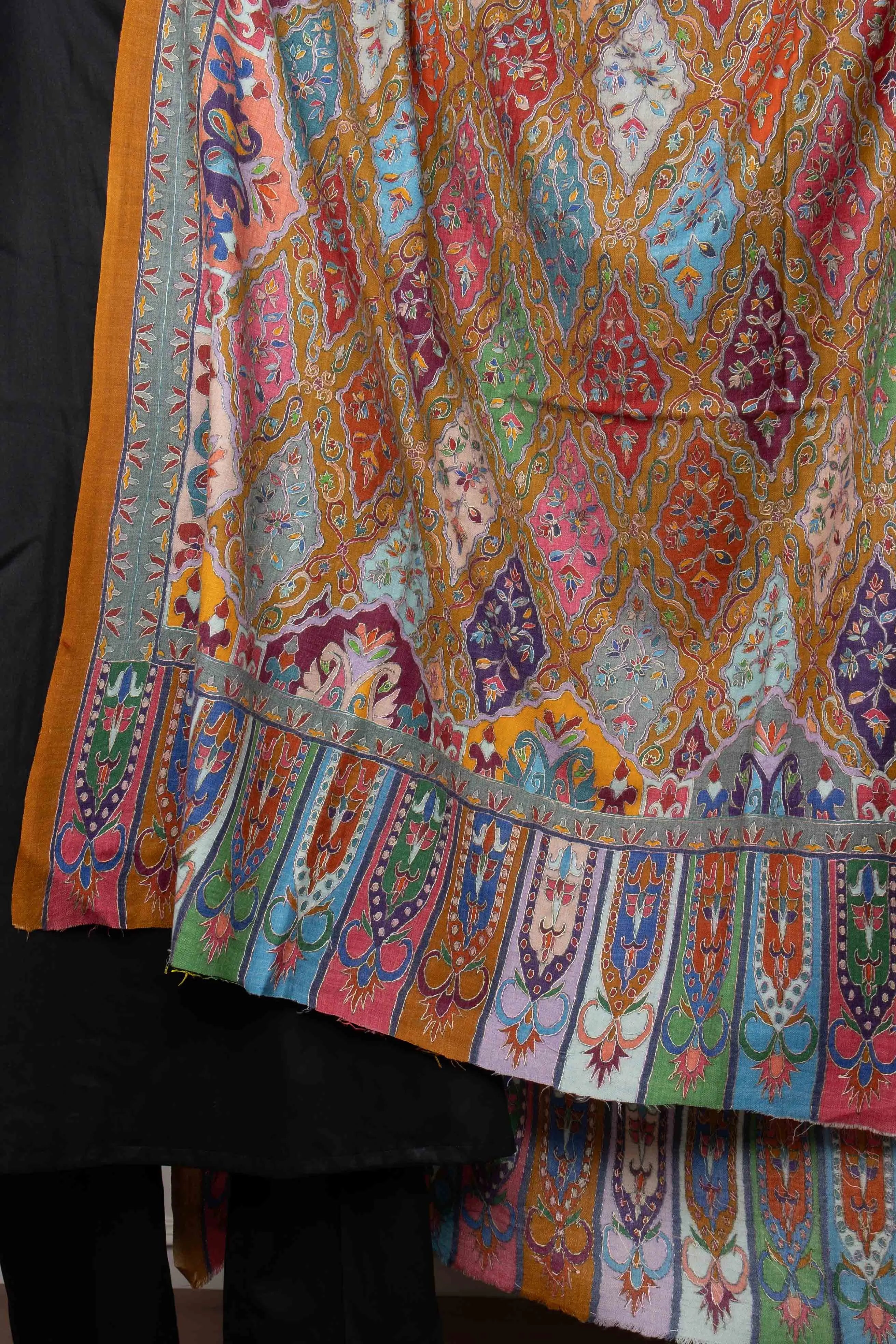 Sadah Women's Mustard Multicolored Plumule Jaal Kalamkari Handwork Pashmina Shawl